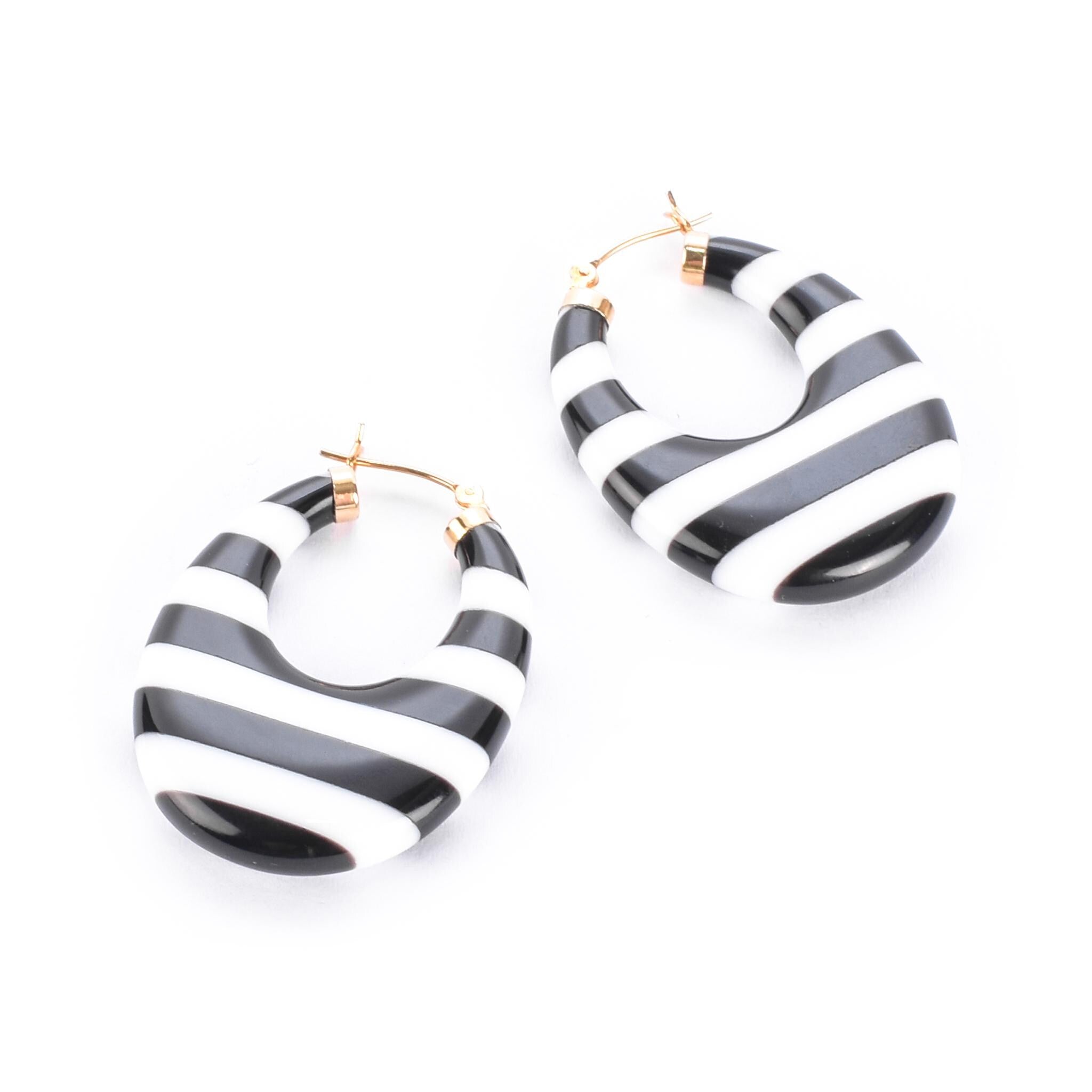 14K Gold & Black/White Onyx Striped Hoop Earrings
