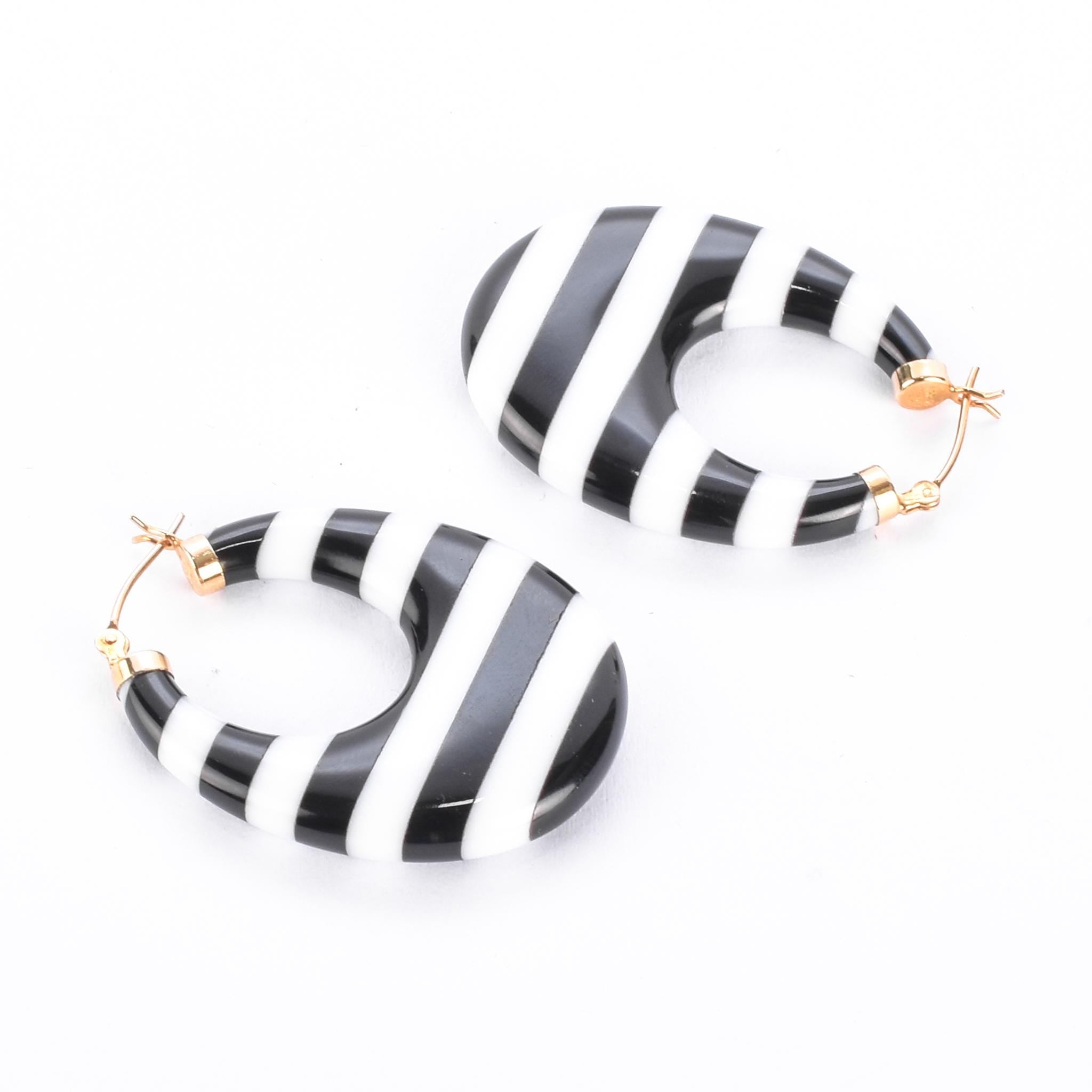 14K Gold & Black/White Onyx Striped Hoop Earrings