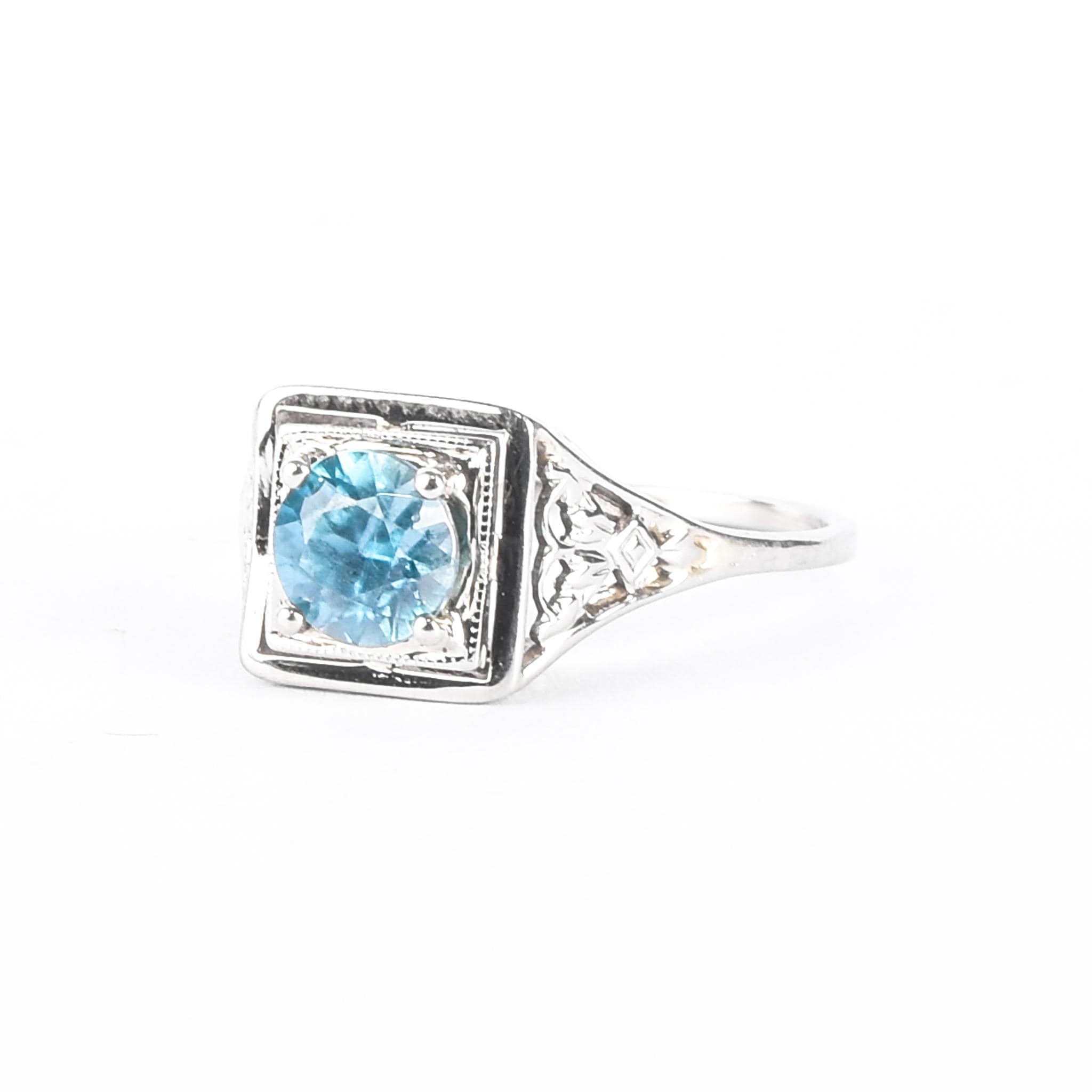 Art Deco 18K White Gold & Blue Topaz Solitaire Ring