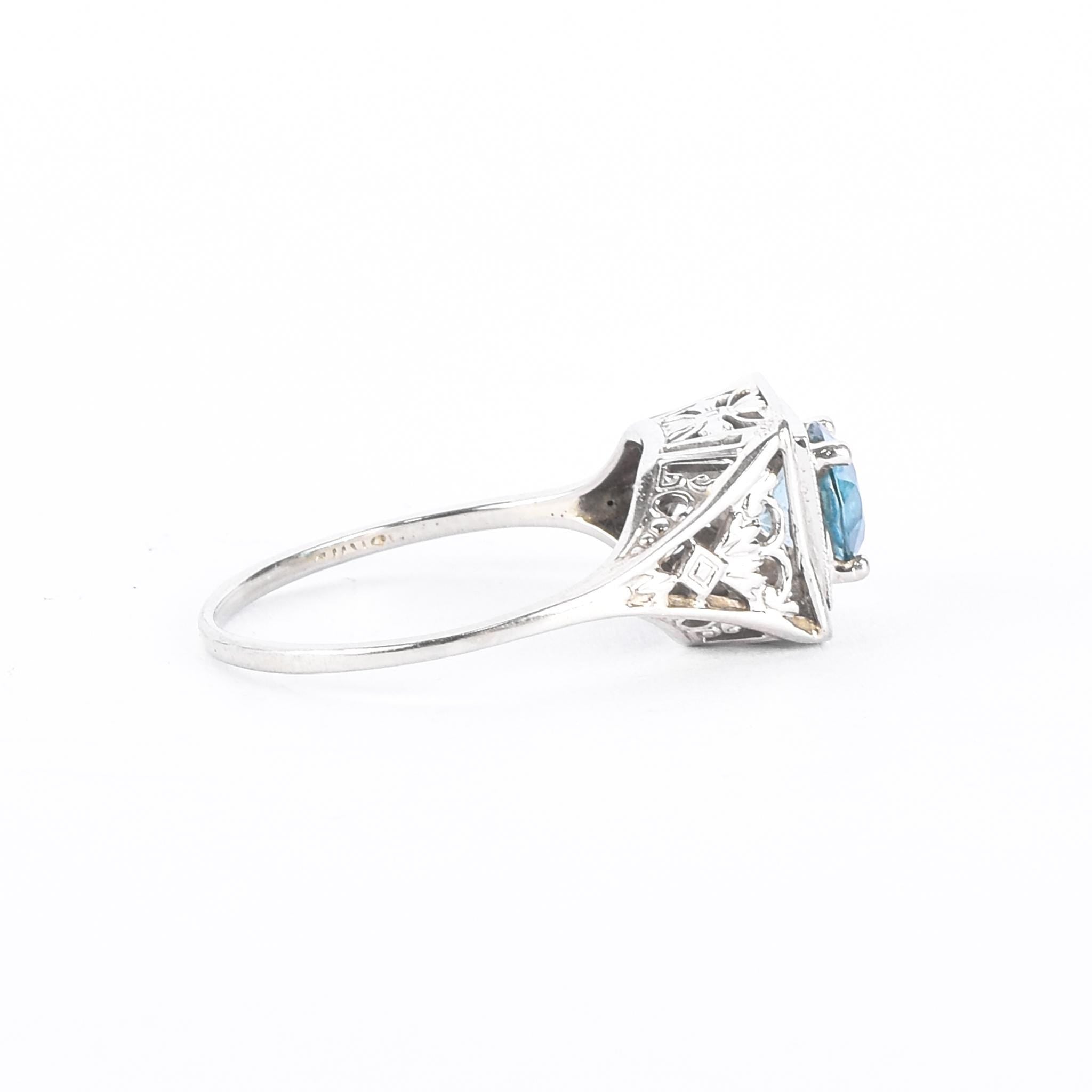 Art Deco 18K White Gold & Blue Topaz Solitaire Ring