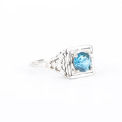 Art Deco 18K White Gold & Blue Topaz Solitaire Ring