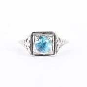 Art Deco 18K White Gold & Blue Topaz Solitaire Ring