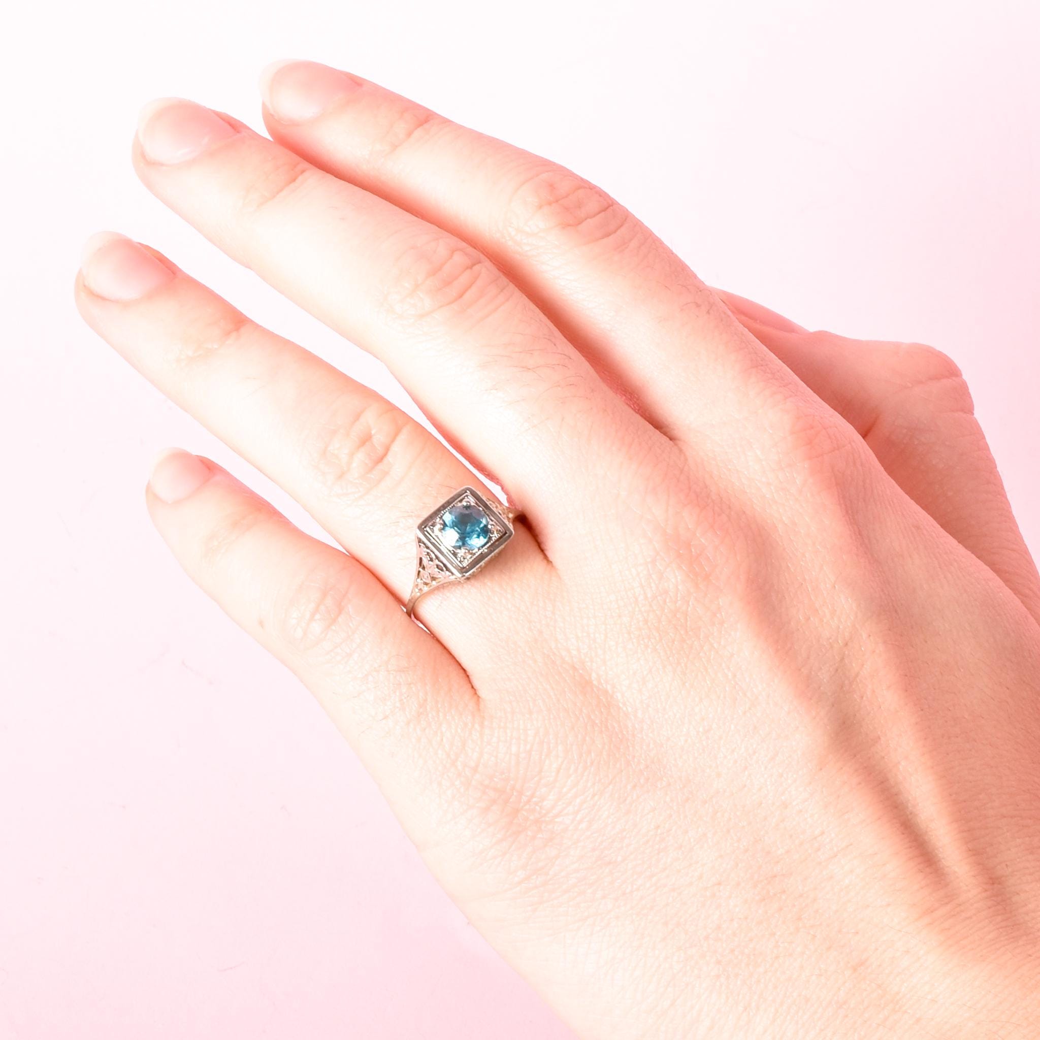 Art Deco 18K White Gold & Blue Topaz Solitaire Ring