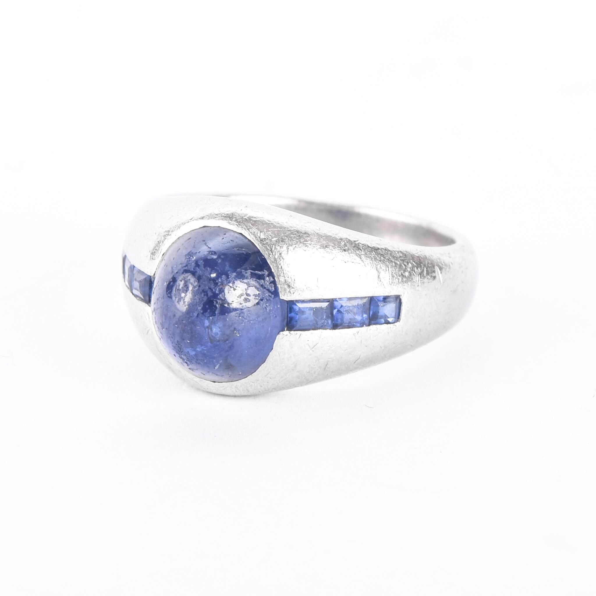 Platinum and Synthetic Sapphire Cabochon Ring