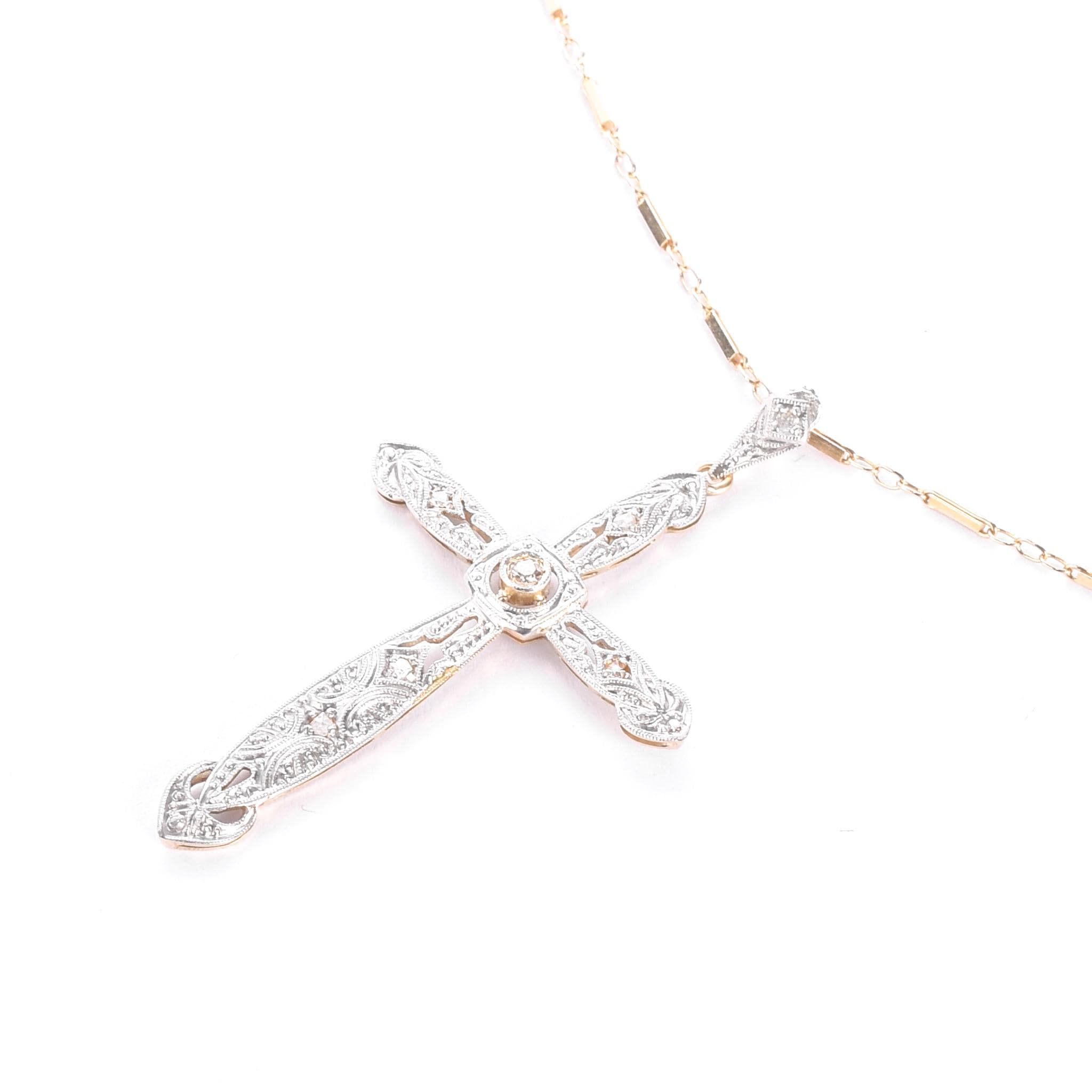 Art Deco Platinum, 18K Gold, & Diamond Cross Pendant