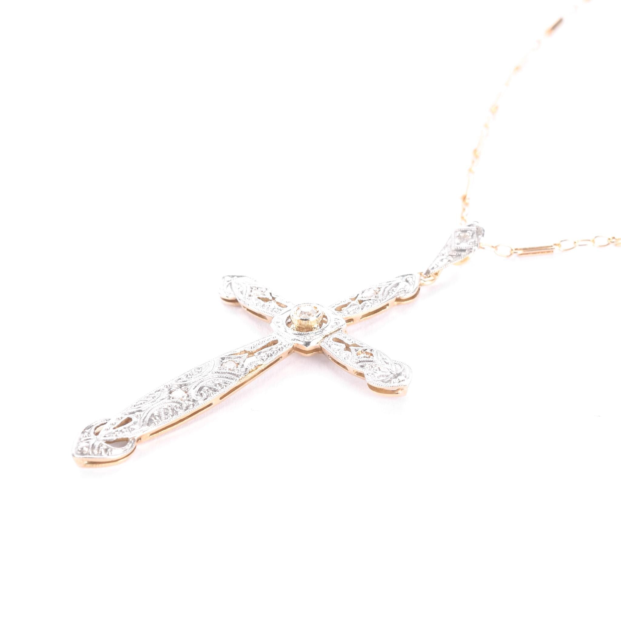 Art Deco Platinum, 18K Gold, & Diamond Cross Pendant
