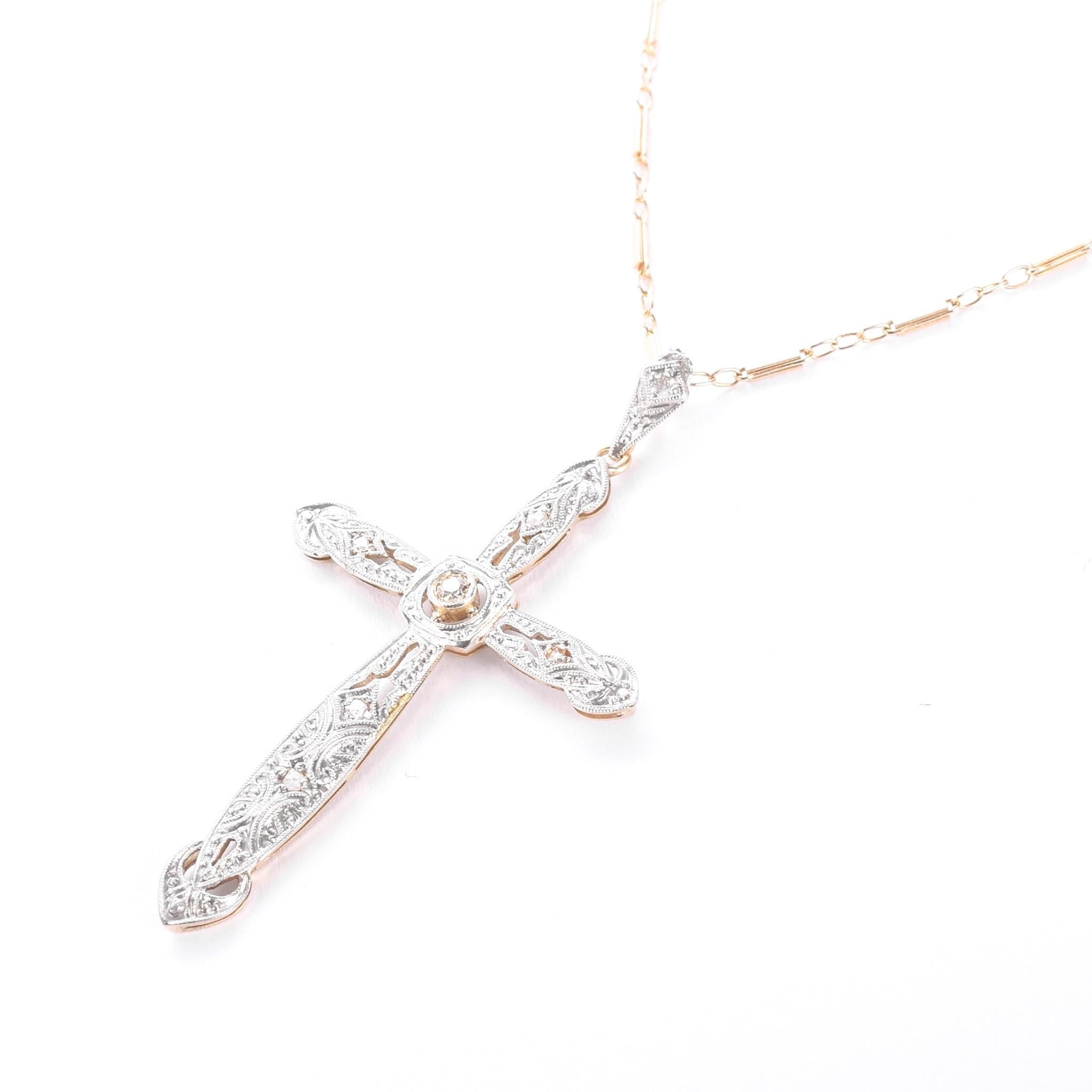 Art Deco Platinum, 18K Gold, & Diamond Cross Pendant