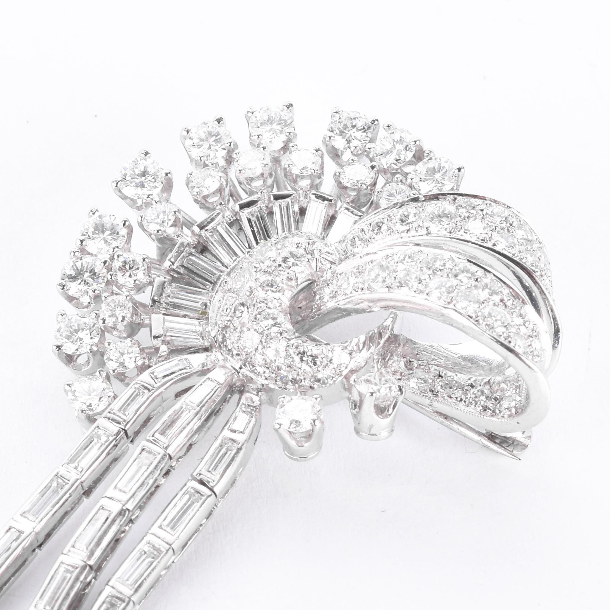 Platinum 3.70 TCW Natural Diamond Art Deco Ribbon Spray Pendant/Brooch
