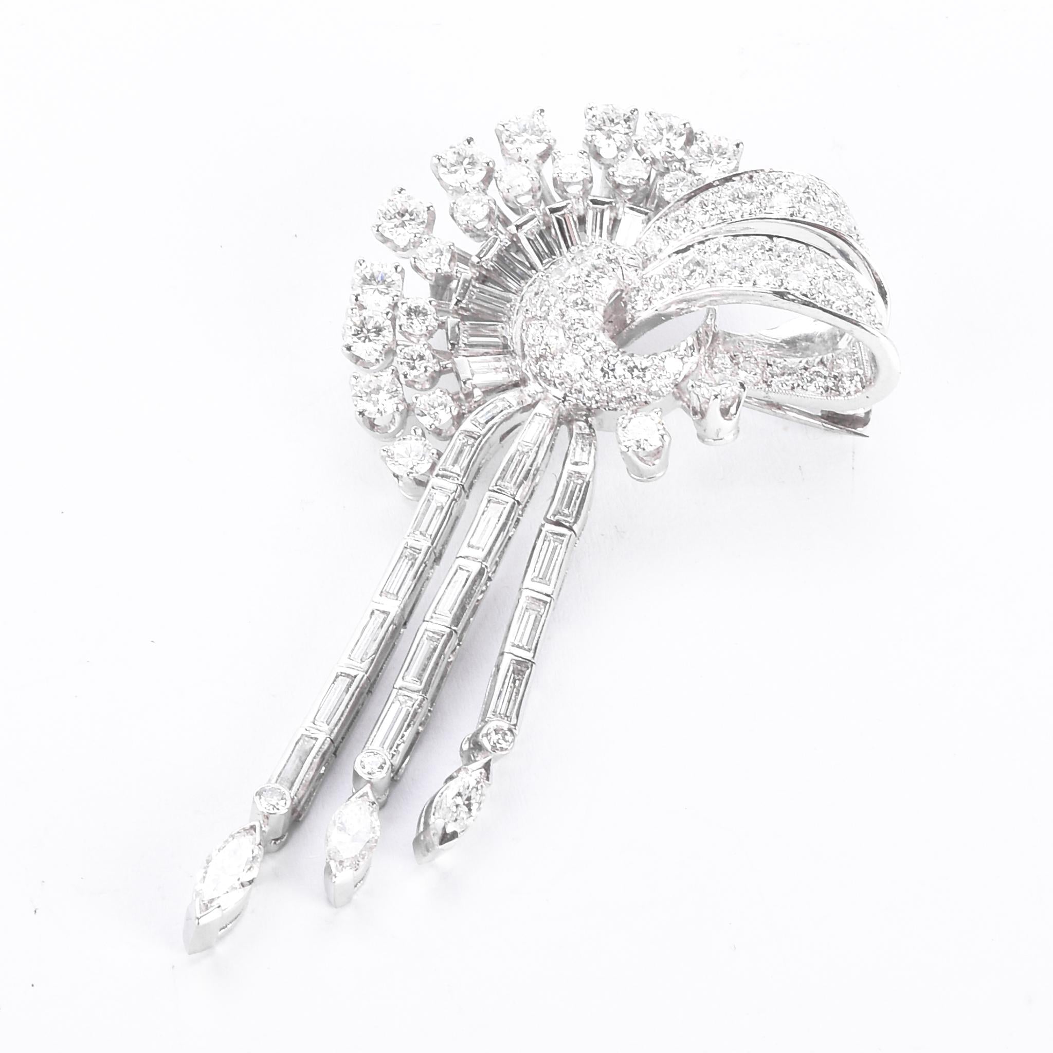 Platinum 3.70 TCW Natural Diamond Art Deco Ribbon Spray Pendant/Brooch
