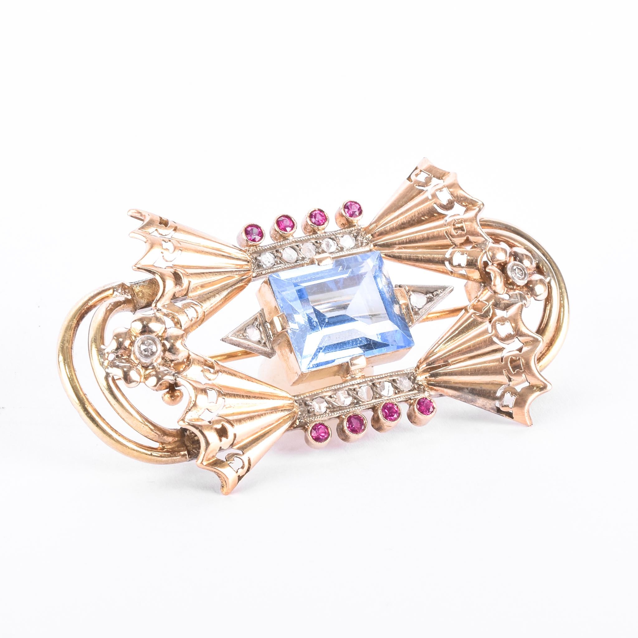 1940s 18K Gold Spinel, Ruby, and Natural Diamonds Geometric Bow Brooch