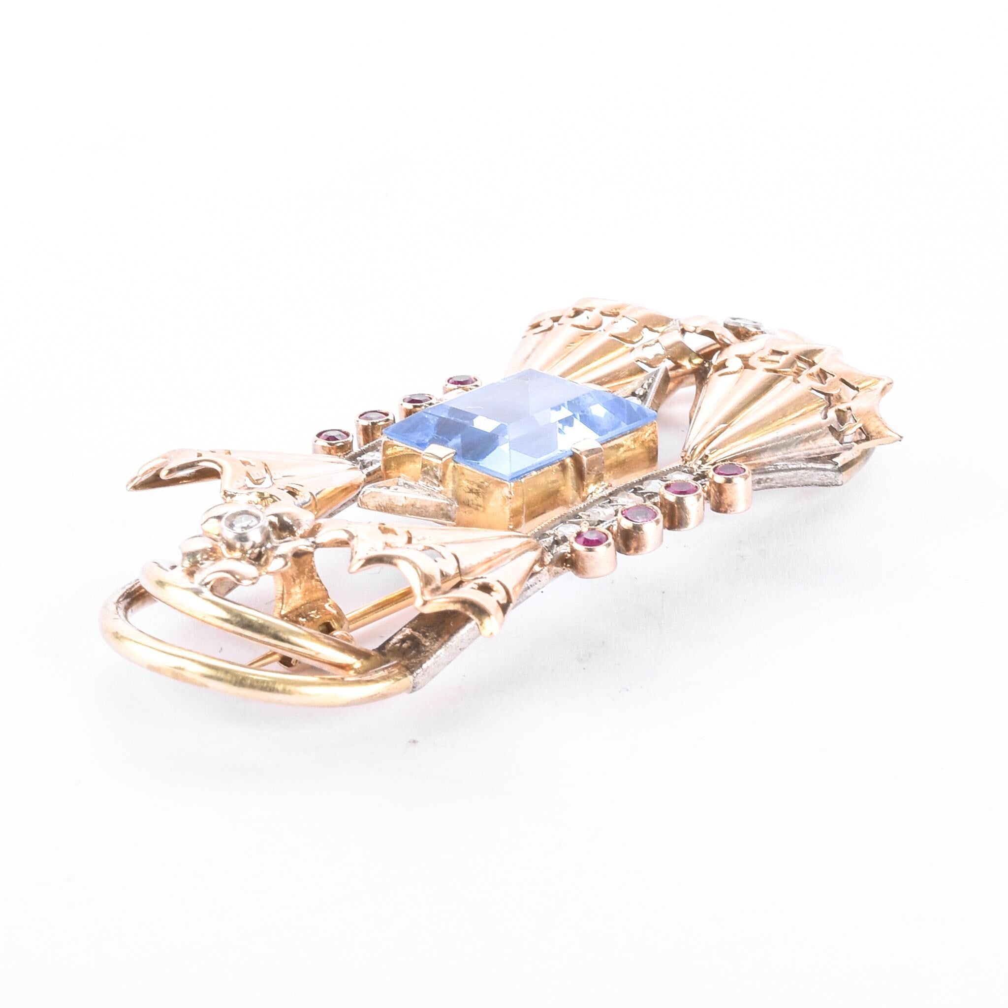 1940s 18K Gold Spinel, Ruby, and Natural Diamonds Geometric Bow Brooch