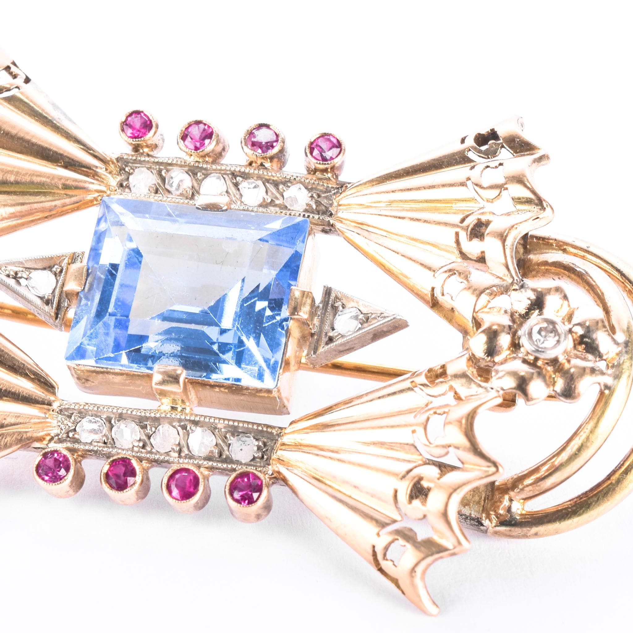 1940s 18K Gold Spinel, Ruby, and Natural Diamonds Geometric Bow Brooch