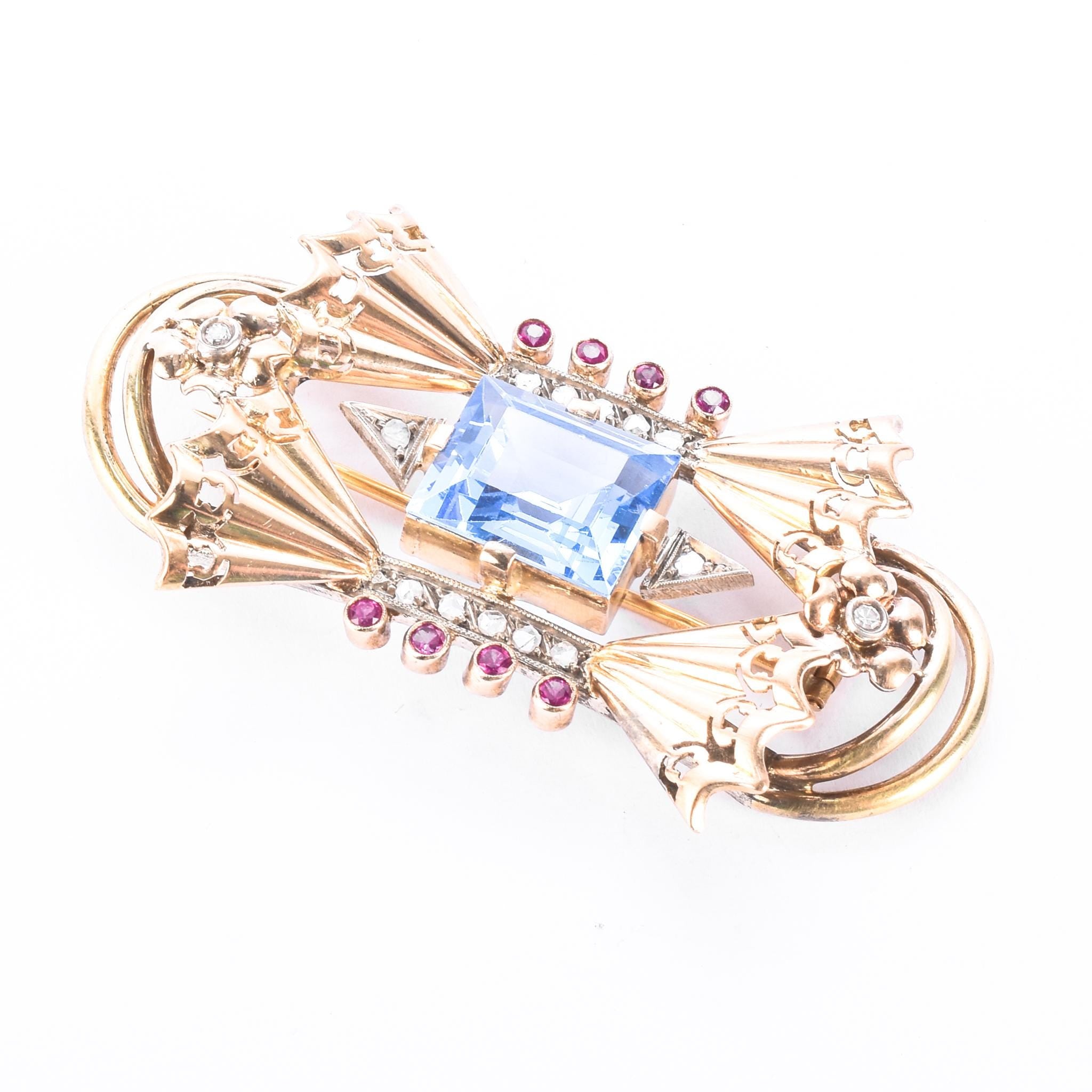 1940s 18K Gold Spinel, Ruby, and Natural Diamonds Geometric Bow Brooch