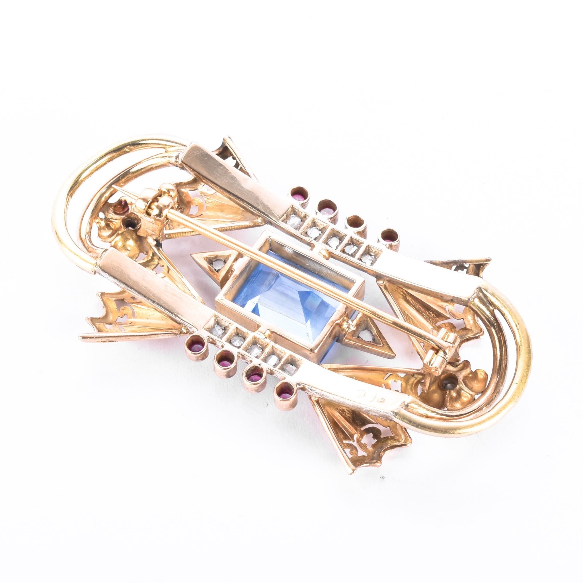 1940s 18K Gold Spinel, Ruby, and Natural Diamonds Geometric Bow Brooch