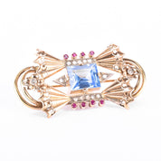 1940s 18K Gold Spinel, Ruby, and Natural Diamonds Geometric Bow Brooch