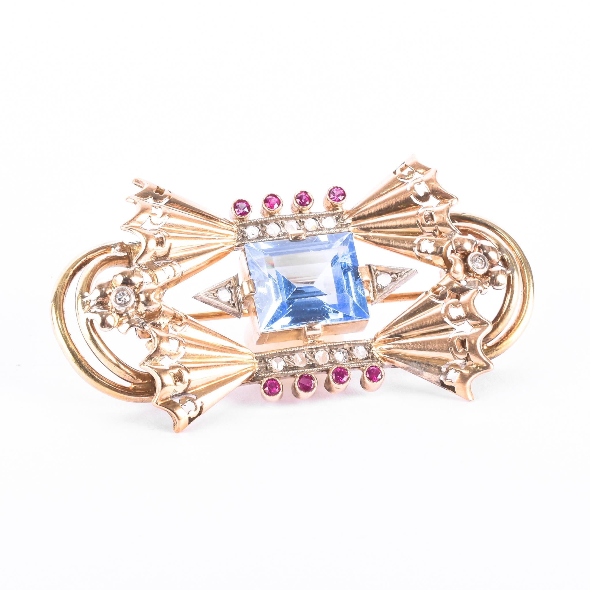 1940s 18K Gold Spinel, Ruby, and Natural Diamonds Geometric Bow Brooch