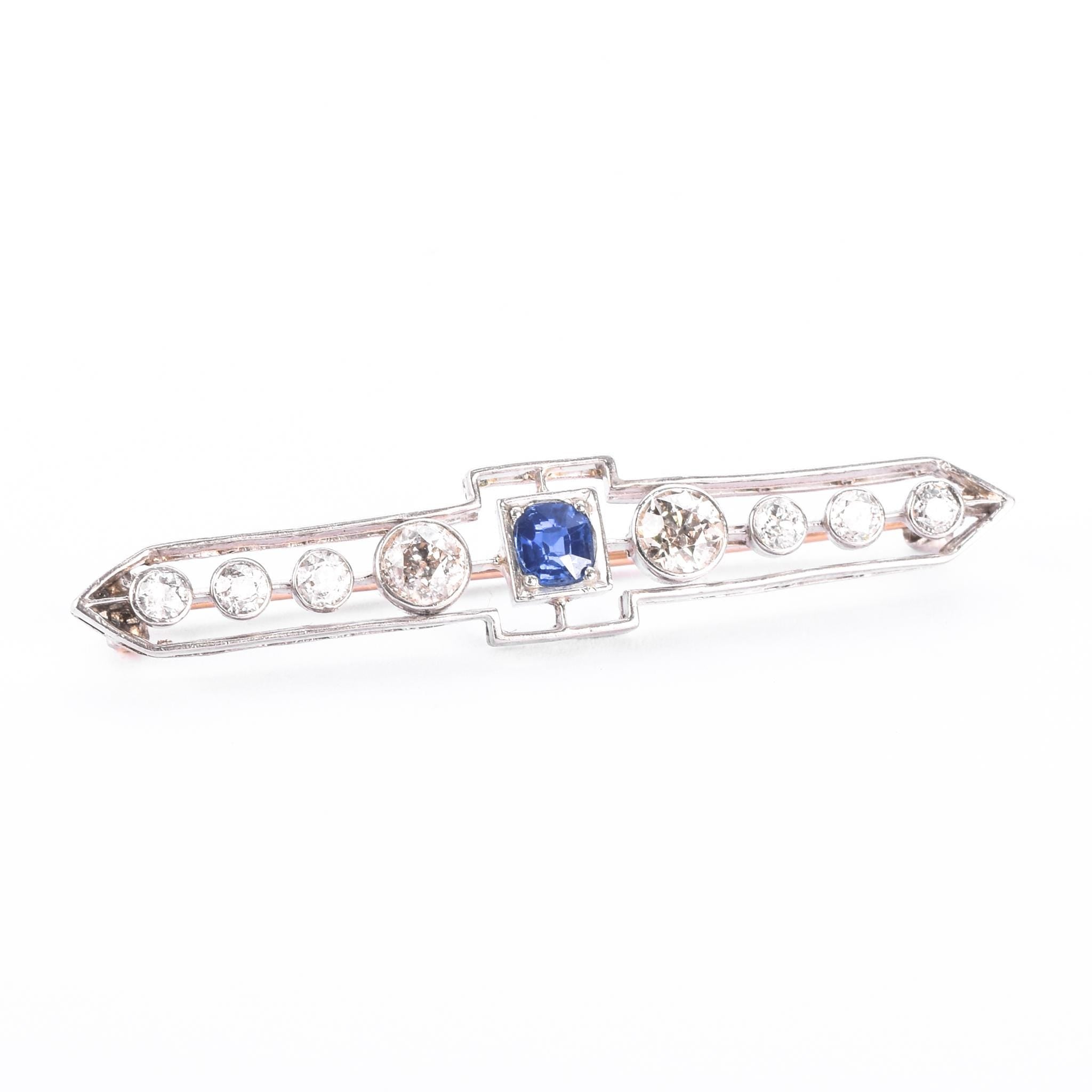 F. W. Lawrence Platinum & 10K Gold Natural Diamond and Sapphire Bar Brooch