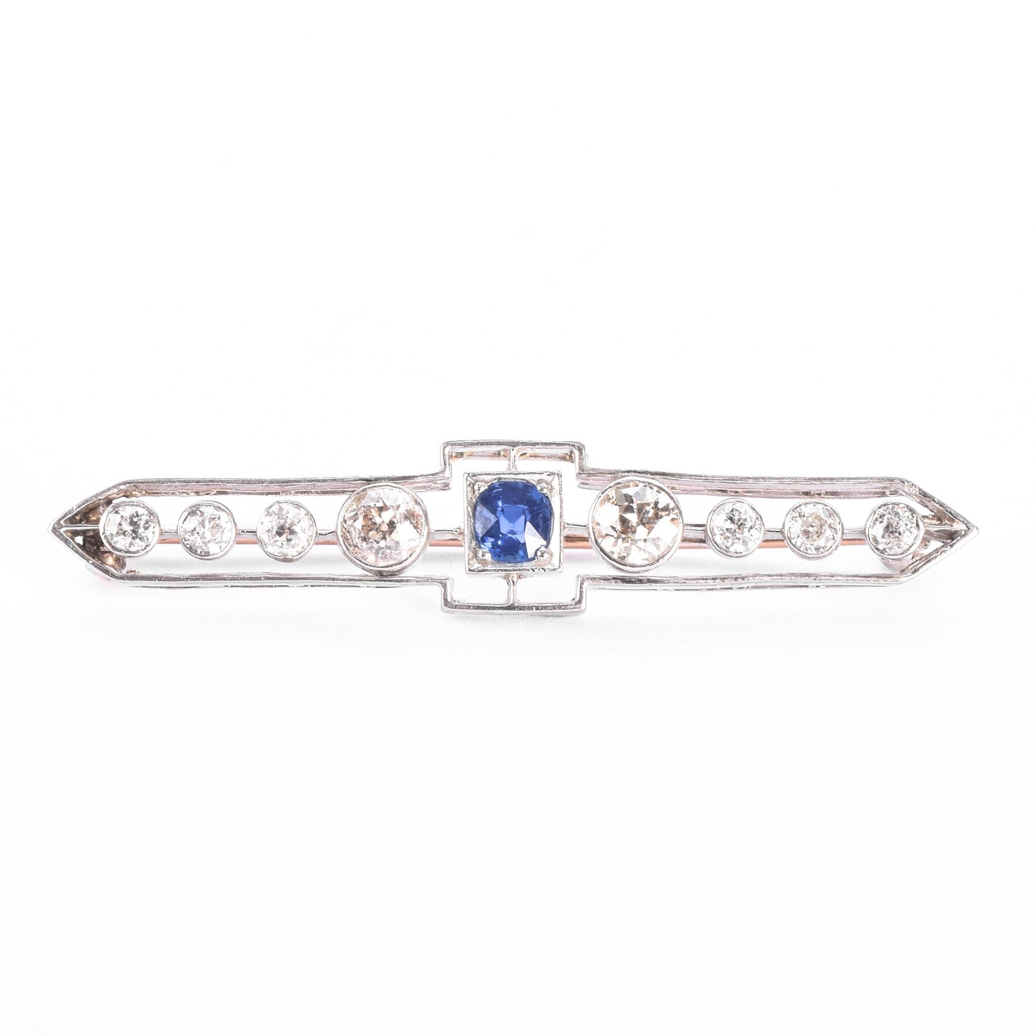 F. W. Lawrence Platinum & 10K Gold Natural Diamond and Sapphire Bar Brooch