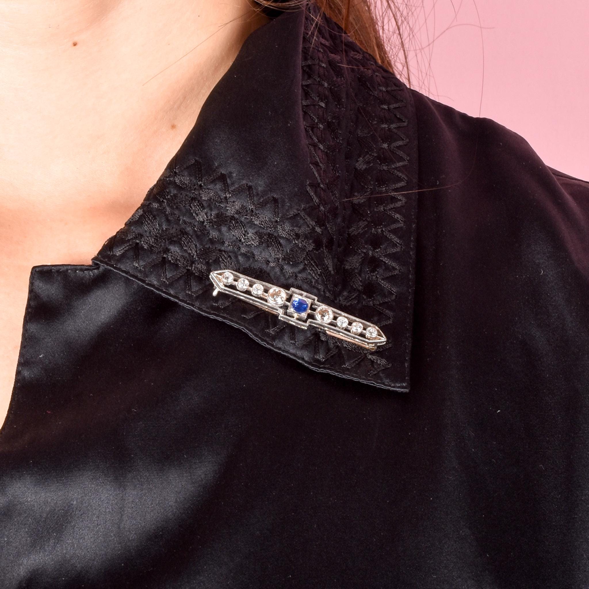 F. W. Lawrence Platinum & 10K Gold Natural Diamond and Sapphire Bar Brooch