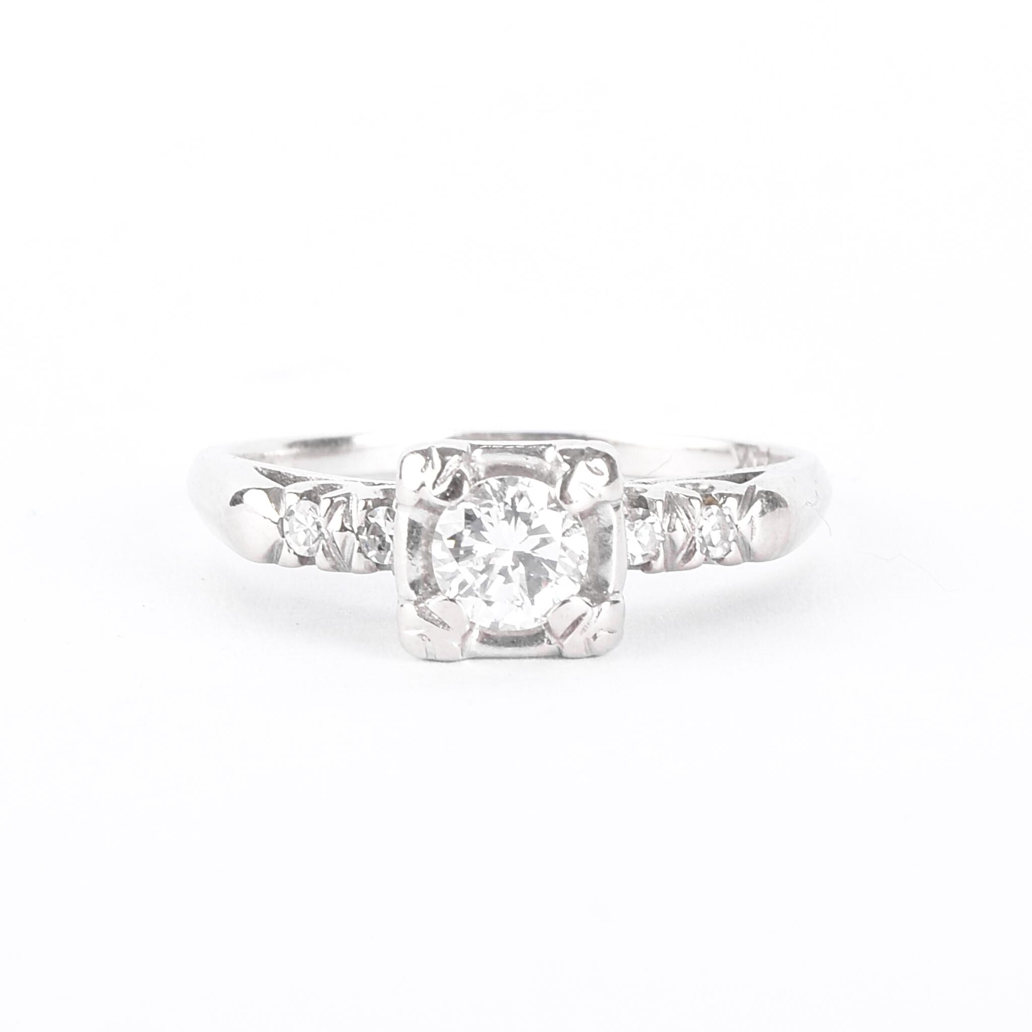 Mid-Century 14K White Gold and Natural Diamond Engagement Ring