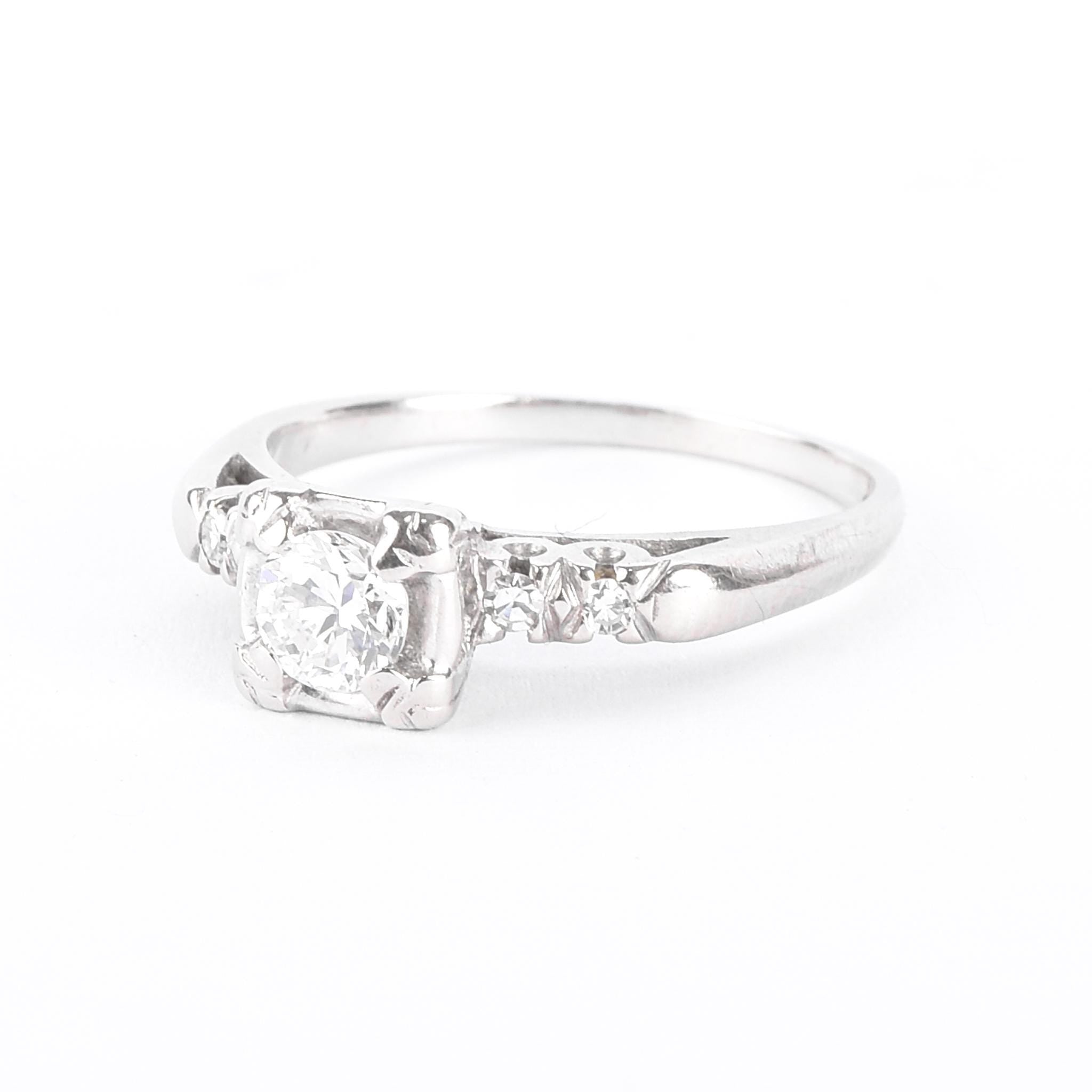 Mid-Century 14K White Gold and Natural Diamond Engagement Ring
