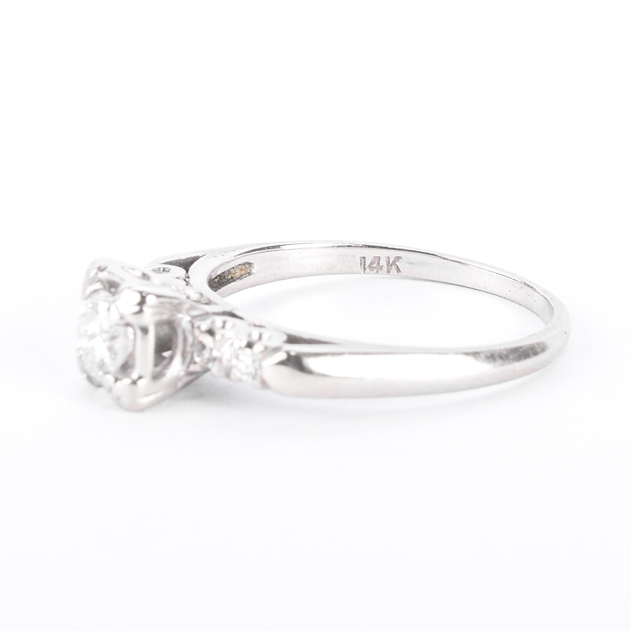 Mid-Century 14K White Gold and Natural Diamond Engagement Ring
