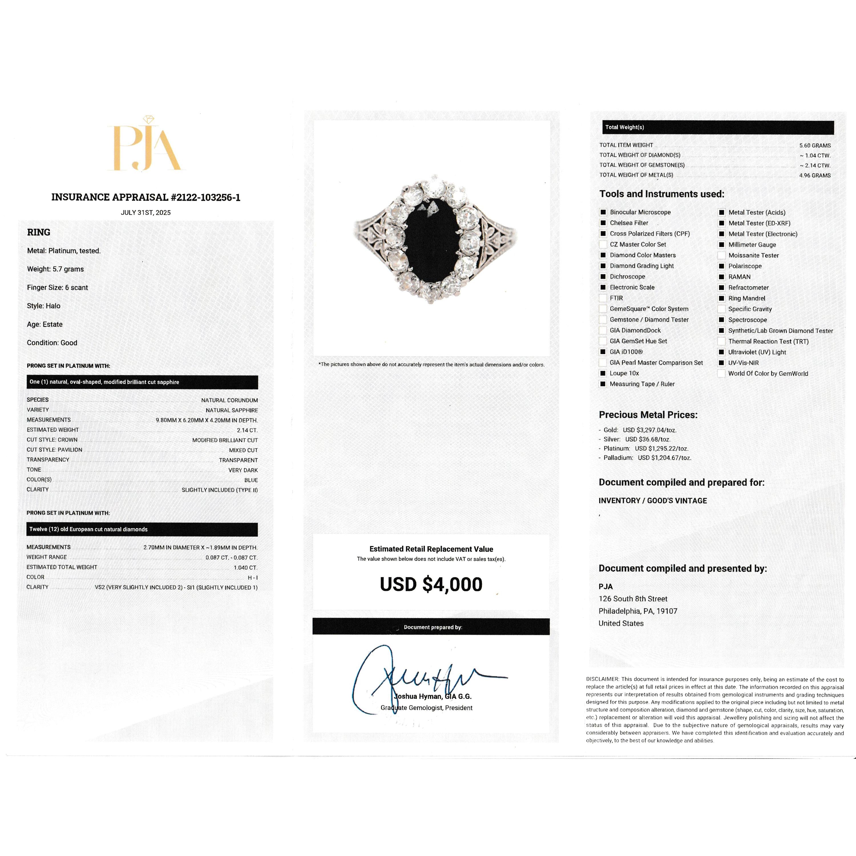 Platinum 2.14 CT Natural Sapphire & Diamonds Halo Ring
