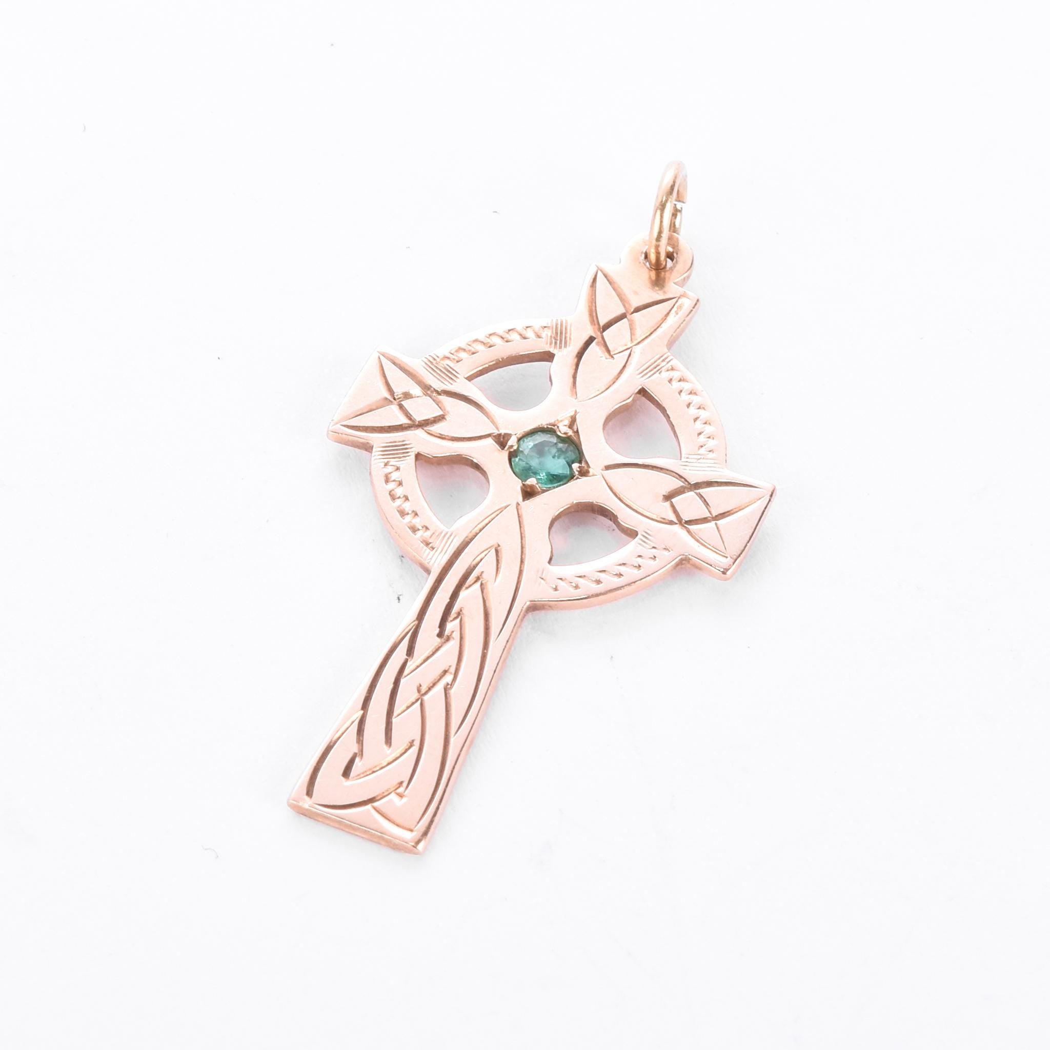 14K Rose Gold & Emerald Celtic Cross Pendant
