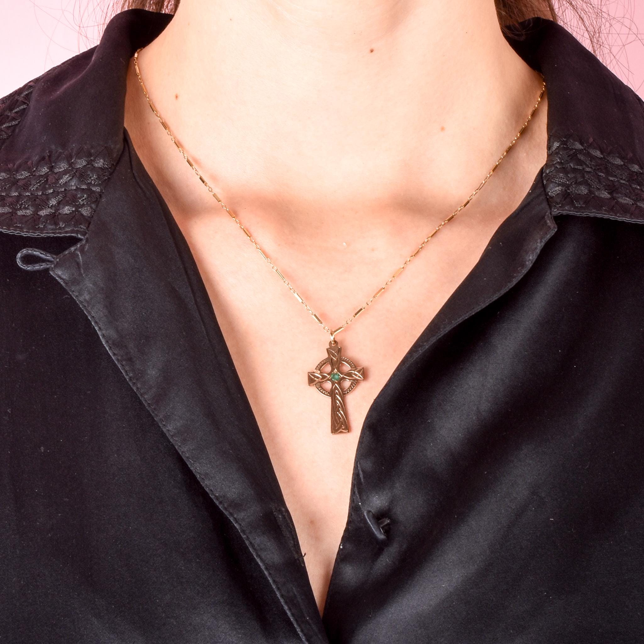 14K Rose Gold & Emerald Celtic Cross Pendant