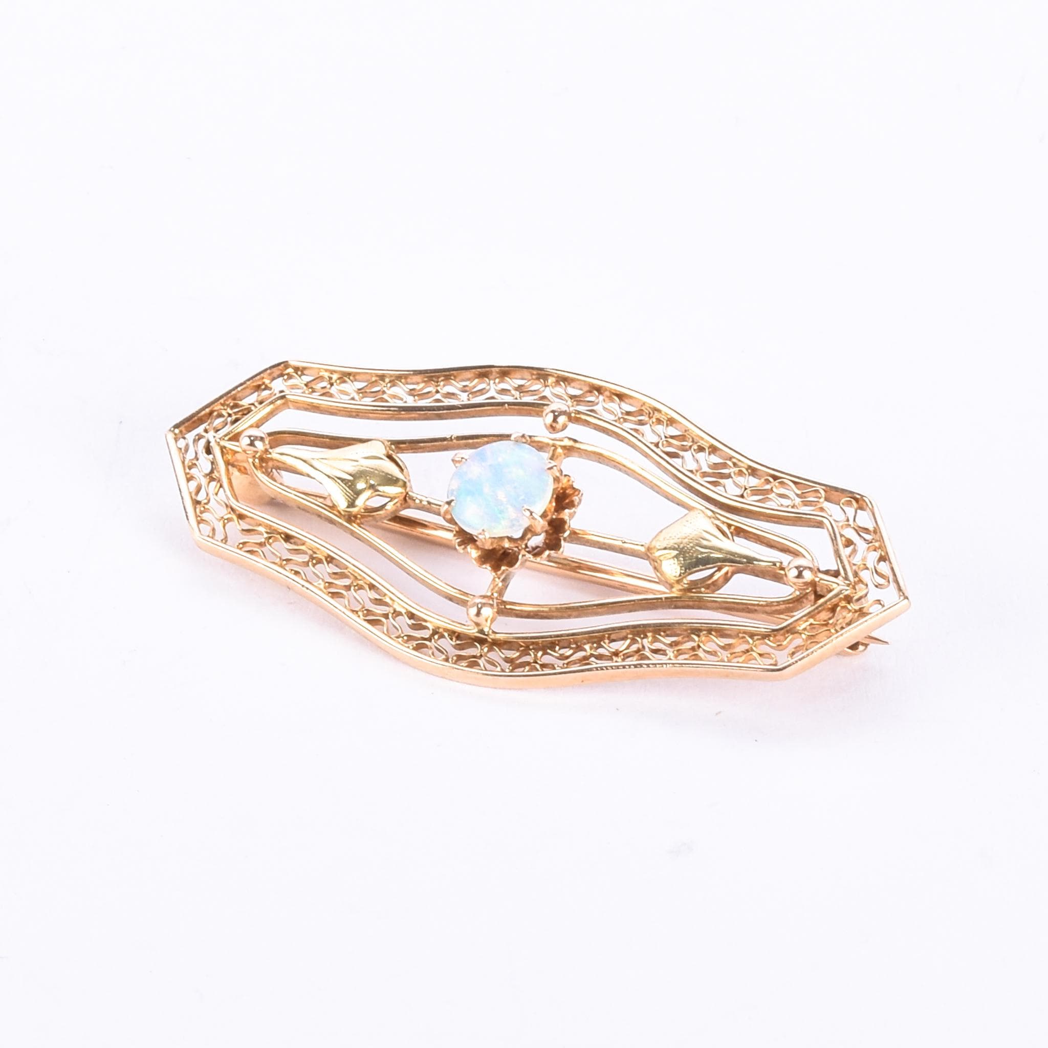 14K Gold & Opal Art Nouveau Filigree Bar Pin