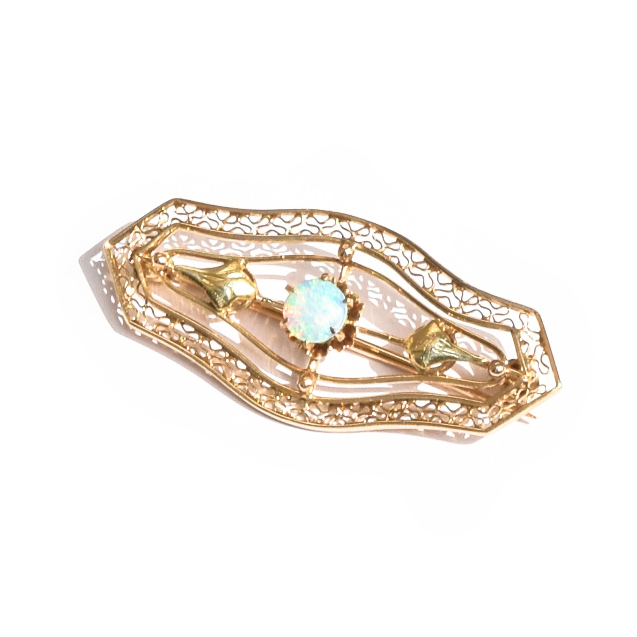 14K Gold & Opal Art Nouveau Filigree Bar Pin