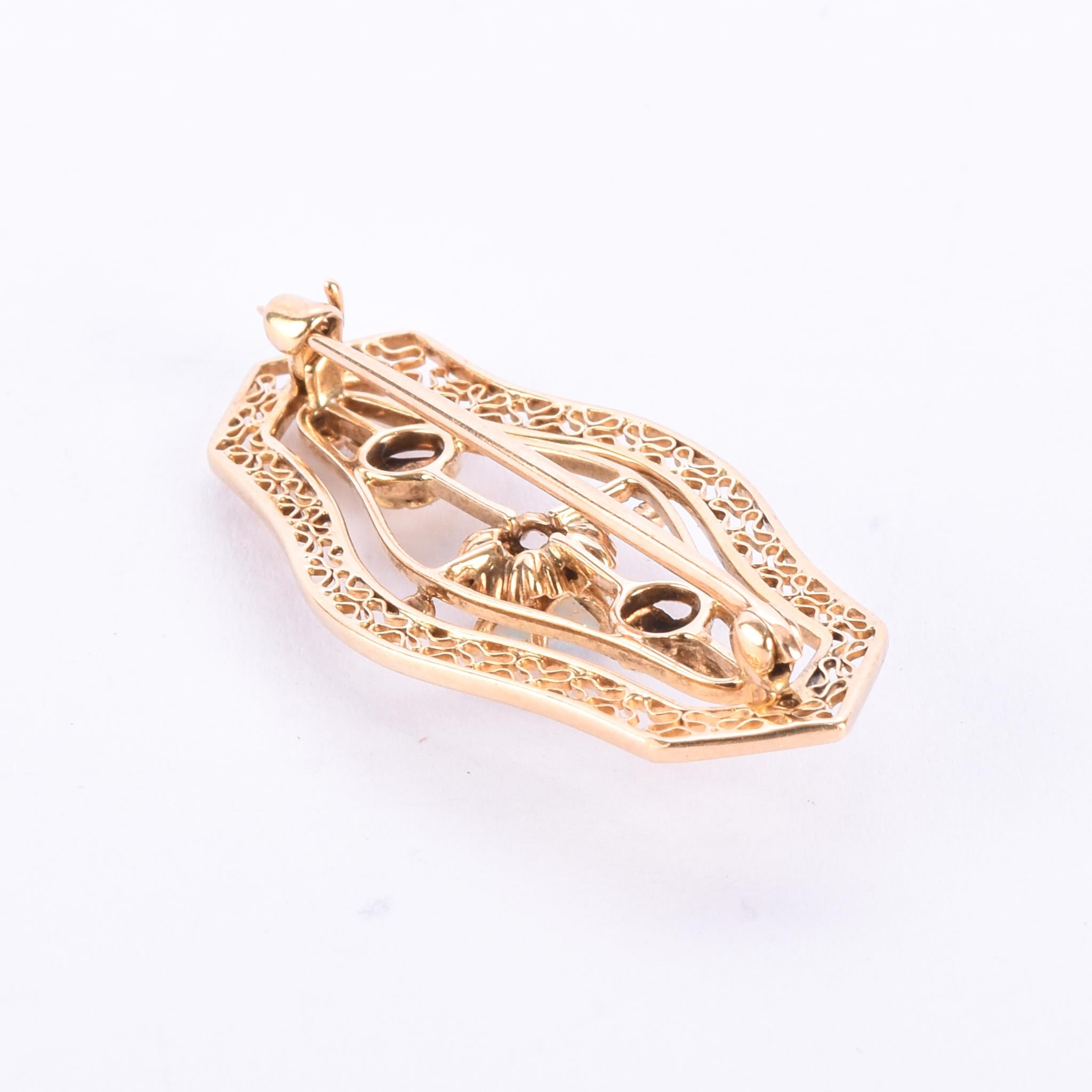 14K Gold & Opal Art Nouveau Filigree Bar Pin