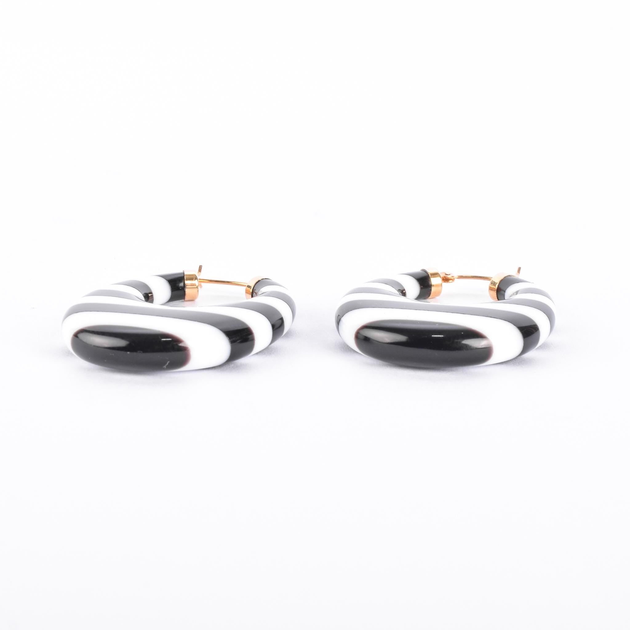 14K Gold & Black/White Onyx Striped Hoop Earrings