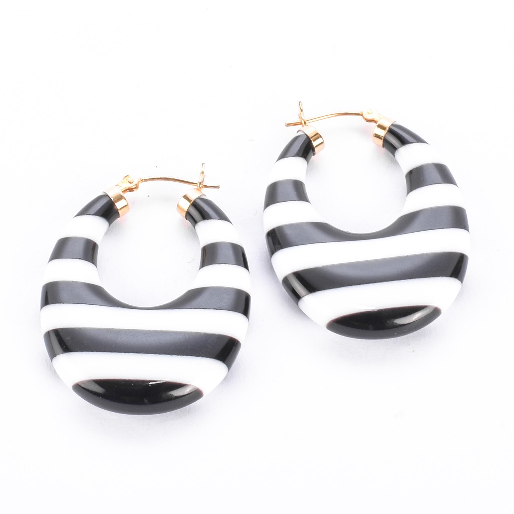 14K Gold & Black/White Onyx Striped Hoop Earrings