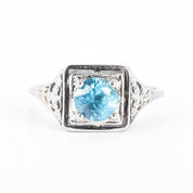 Art Deco 18K White Gold & Blue Topaz Solitaire Ring