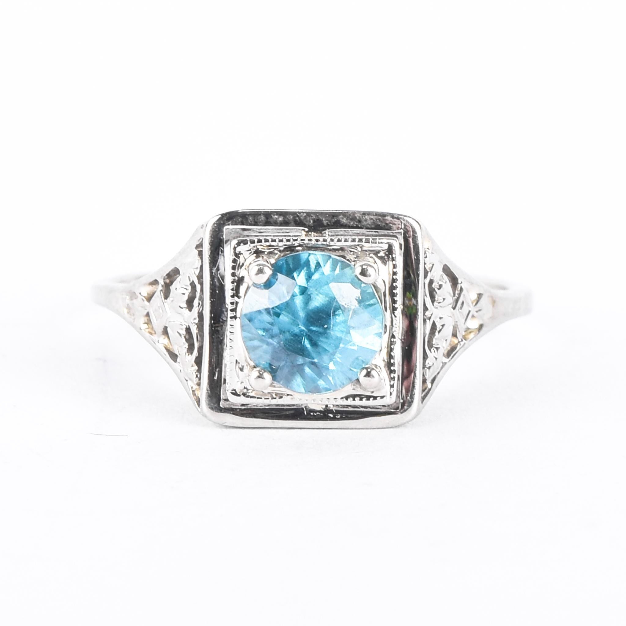 Art Deco 18K White Gold & Blue Topaz Solitaire Ring