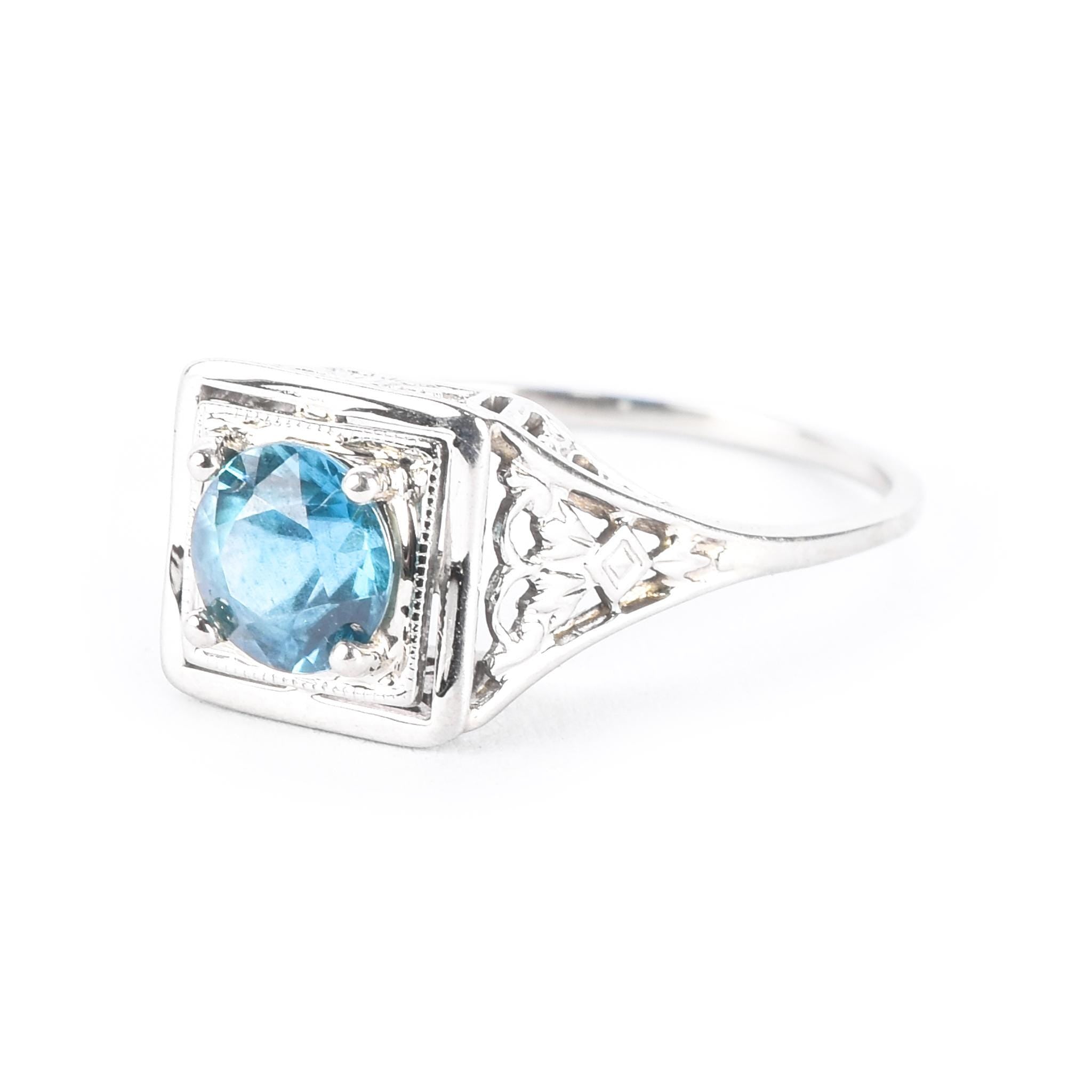 Art Deco 18K White Gold & Blue Topaz Solitaire Ring