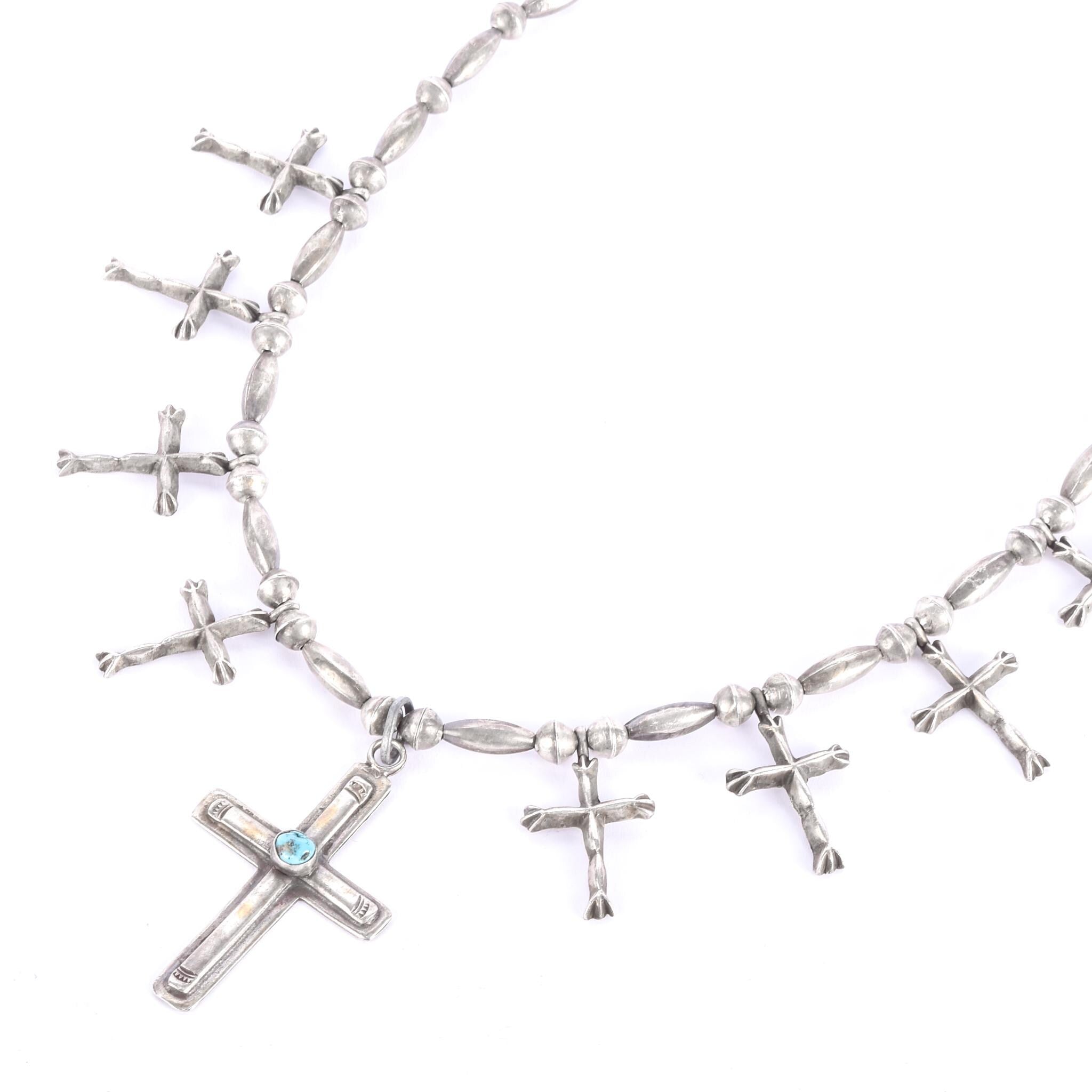 Sterling Silver & Turquoise Squash Blossom Cross Necklace, 24in
