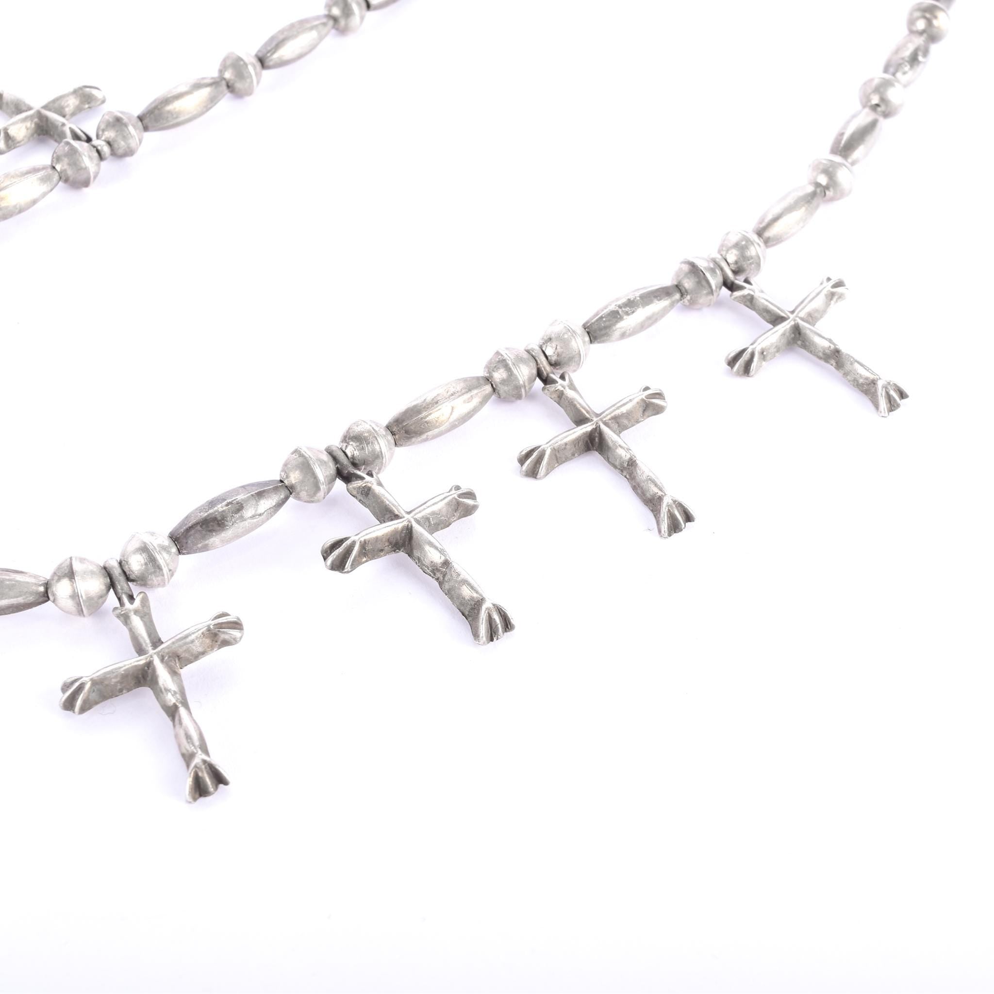Sterling Silver & Turquoise Squash Blossom Cross Necklace, 24in