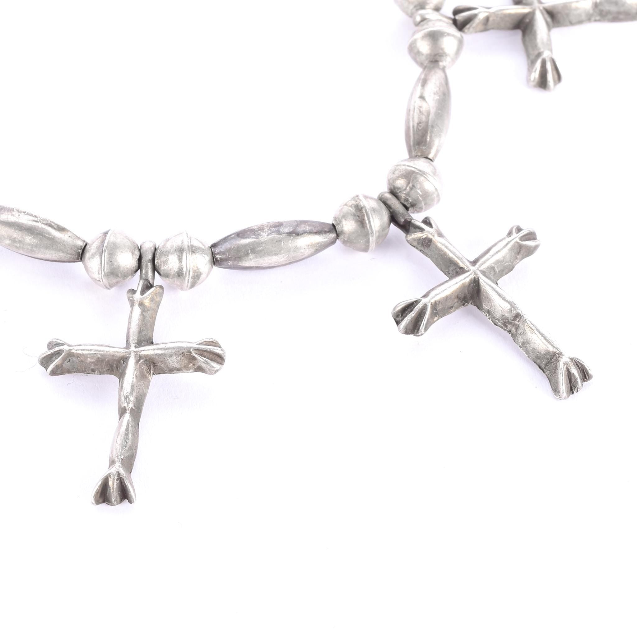 Sterling Silver & Turquoise Squash Blossom Cross Necklace, 24in