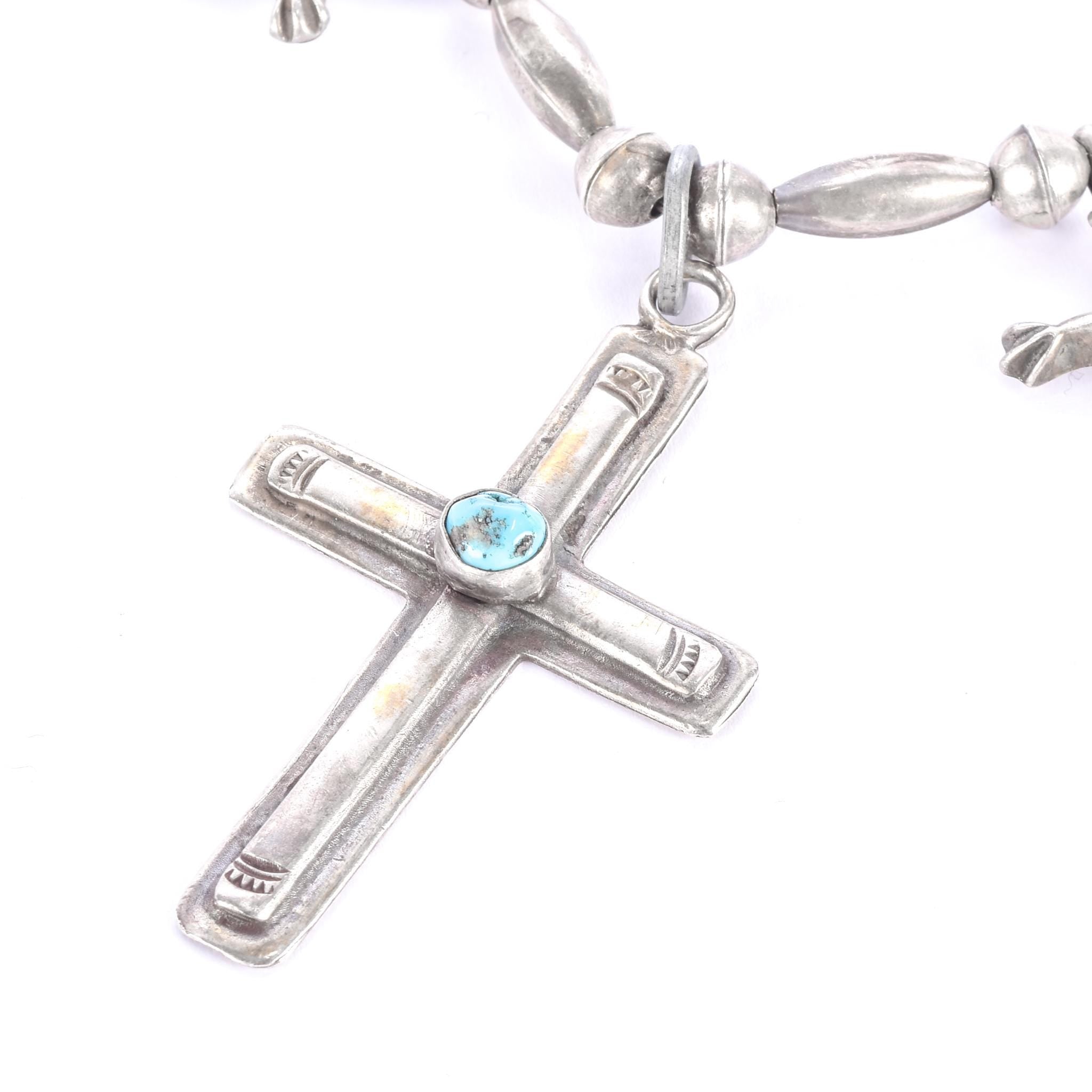 Sterling Silver & Turquoise Squash Blossom Cross Necklace, 24in