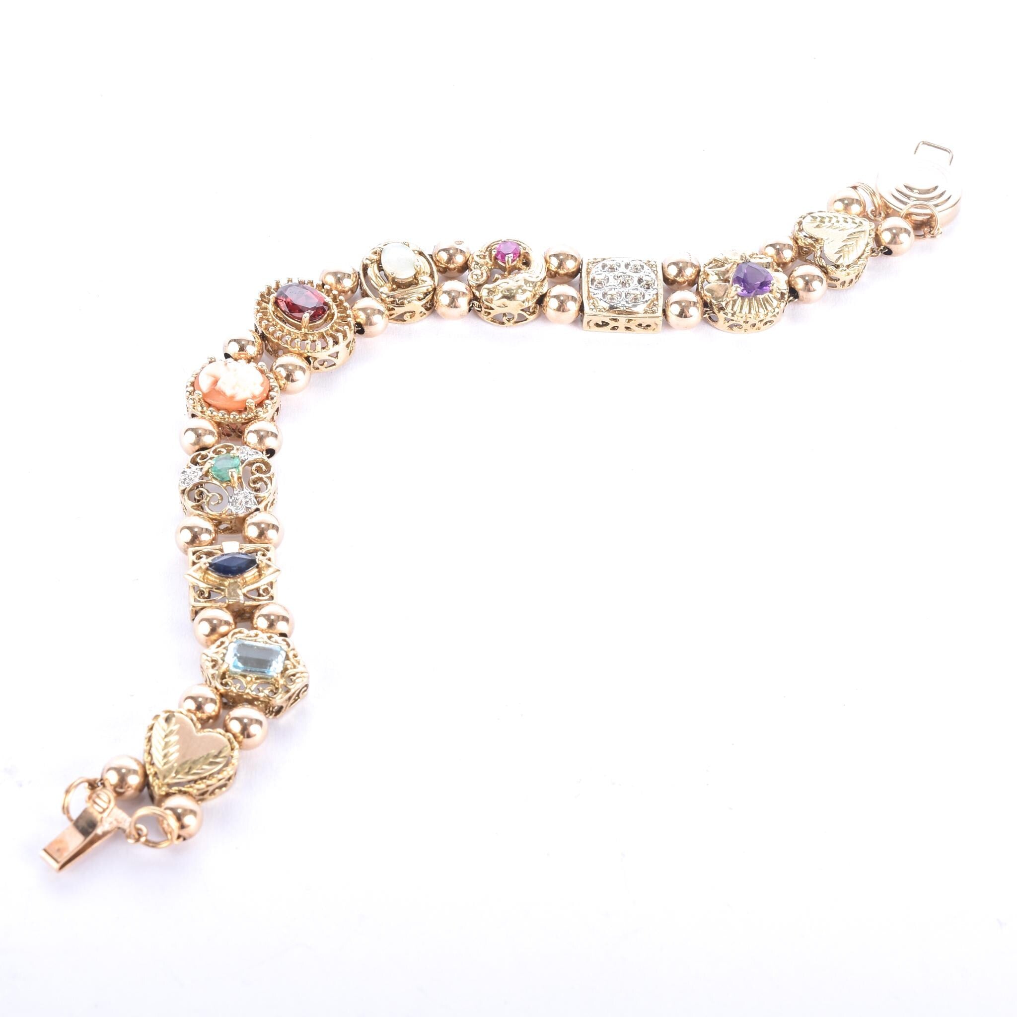 10K Gold Multi-Gemstone Slide Charm Bracelet