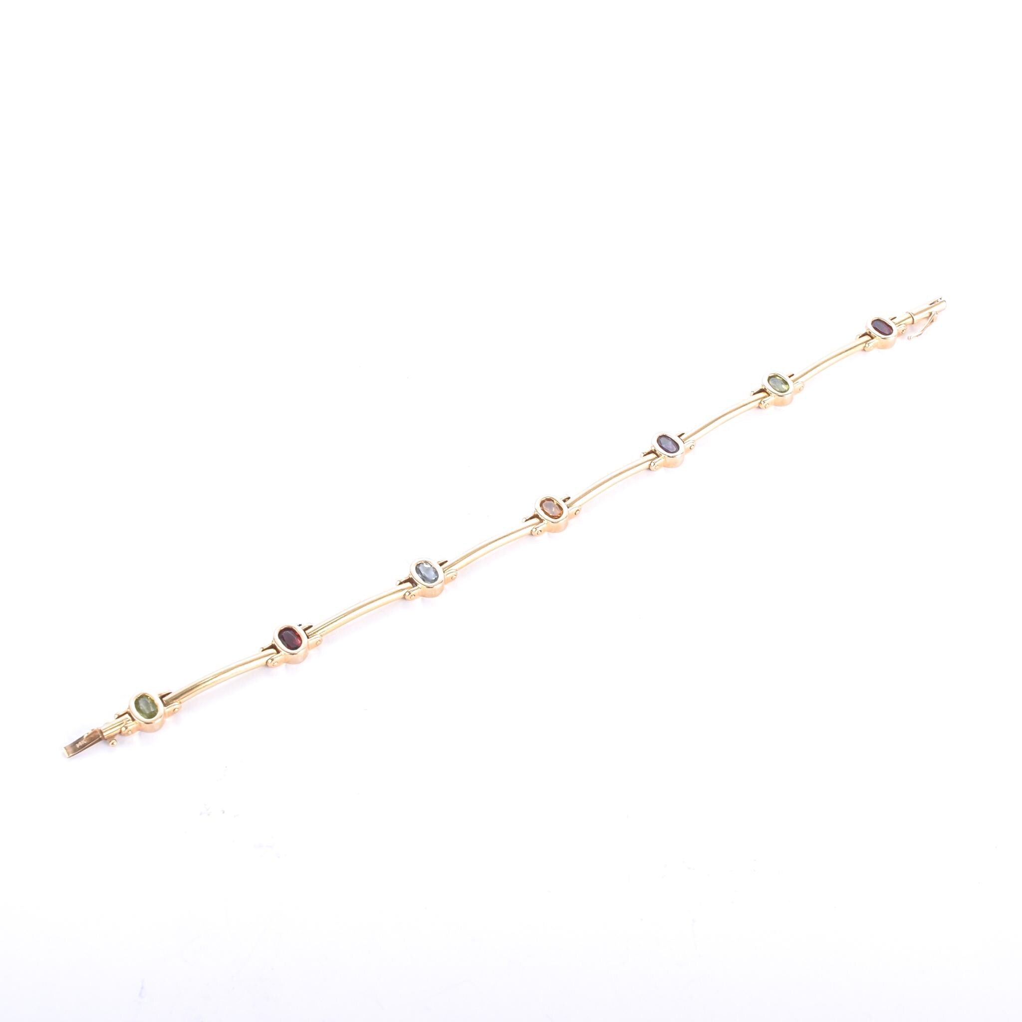 14K Gold Multi-Gemstone Station Link Bracelet