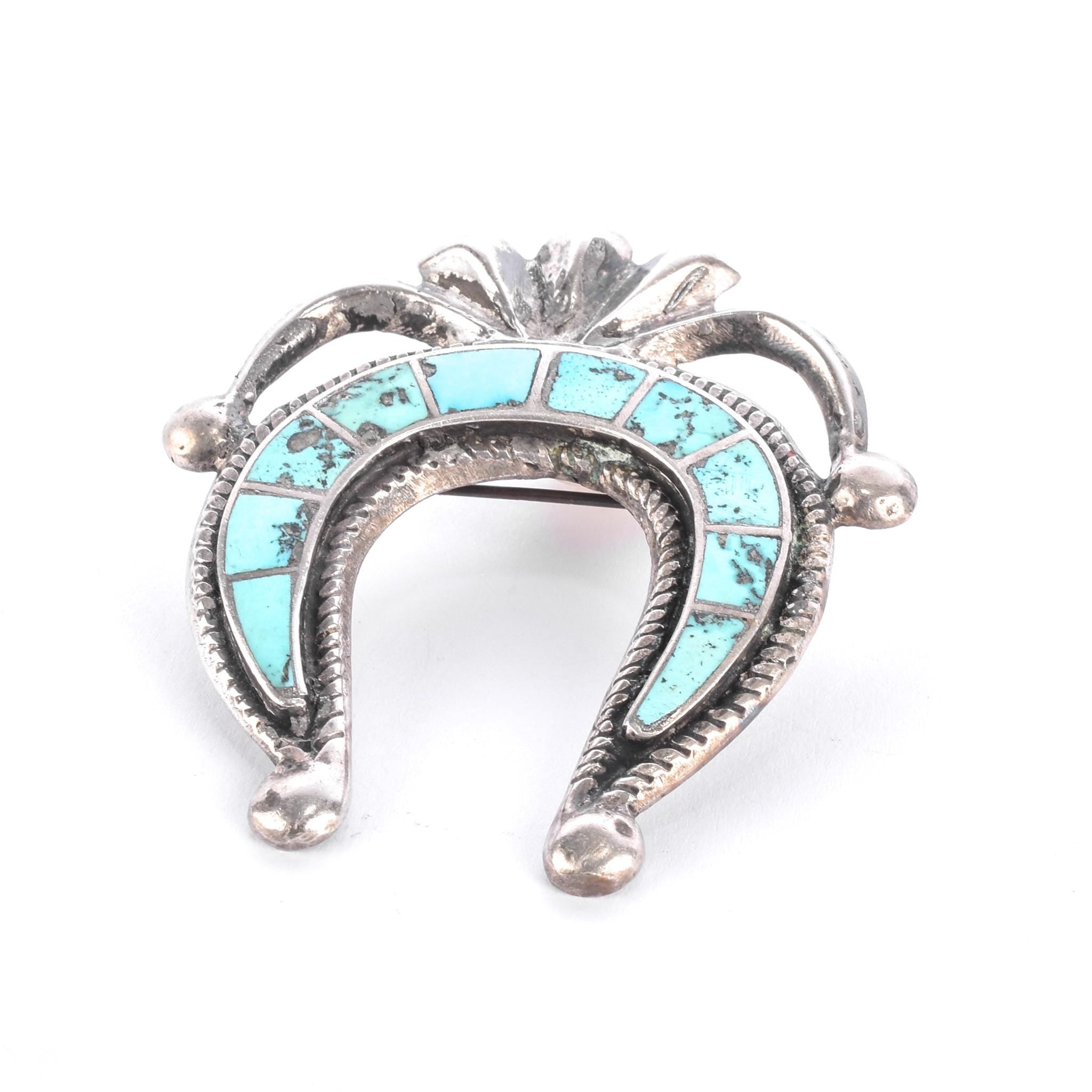 Sterling Silver & Turquoise Sandcast Navajo Naja Brooch