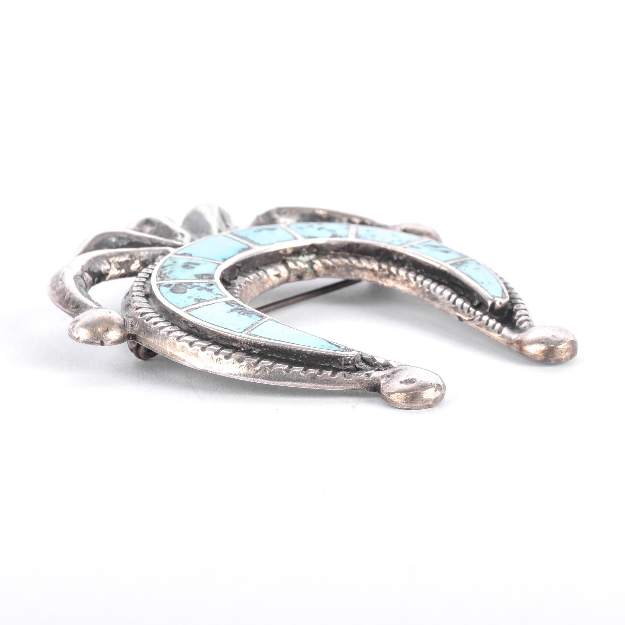 Sterling Silver & Turquoise Sandcast Navajo Naja Brooch