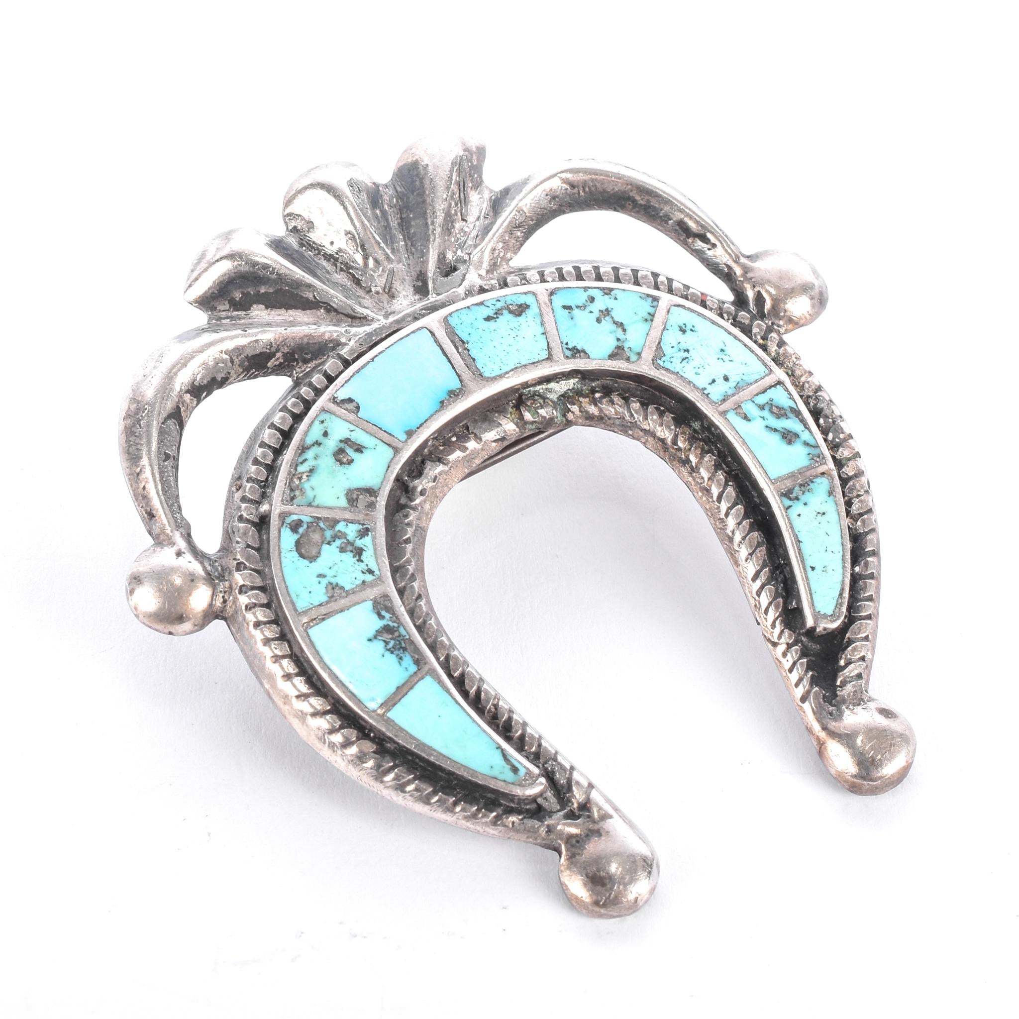 Sterling Silver & Turquoise Sandcast Navajo Naja Brooch