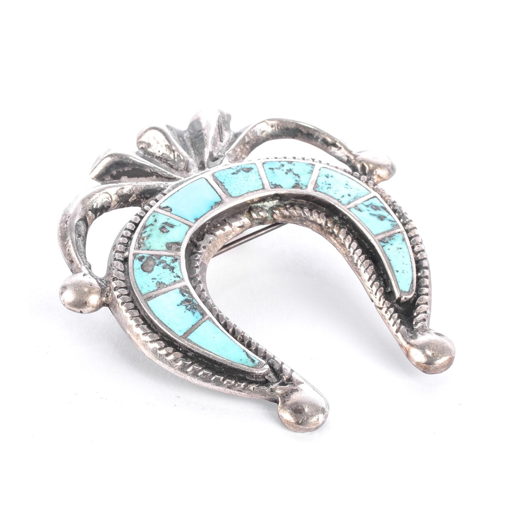 Sterling Silver & Turquoise Sandcast Navajo Naja Brooch