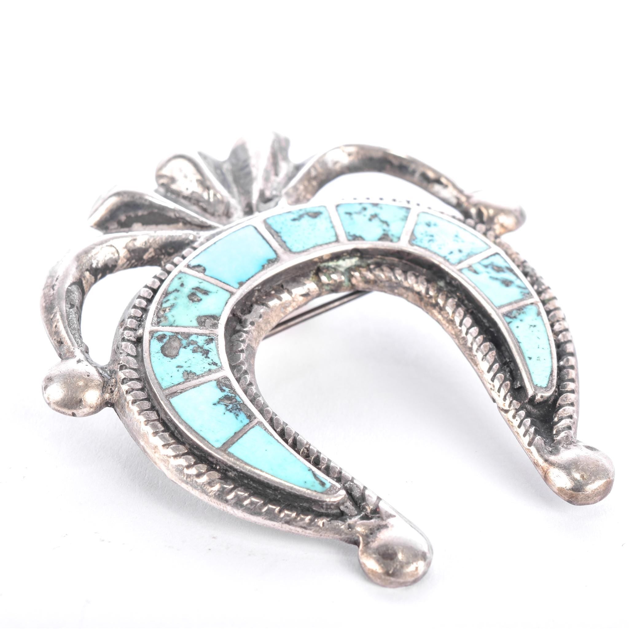 Sterling Silver & Turquoise Sandcast Navajo Naja Brooch