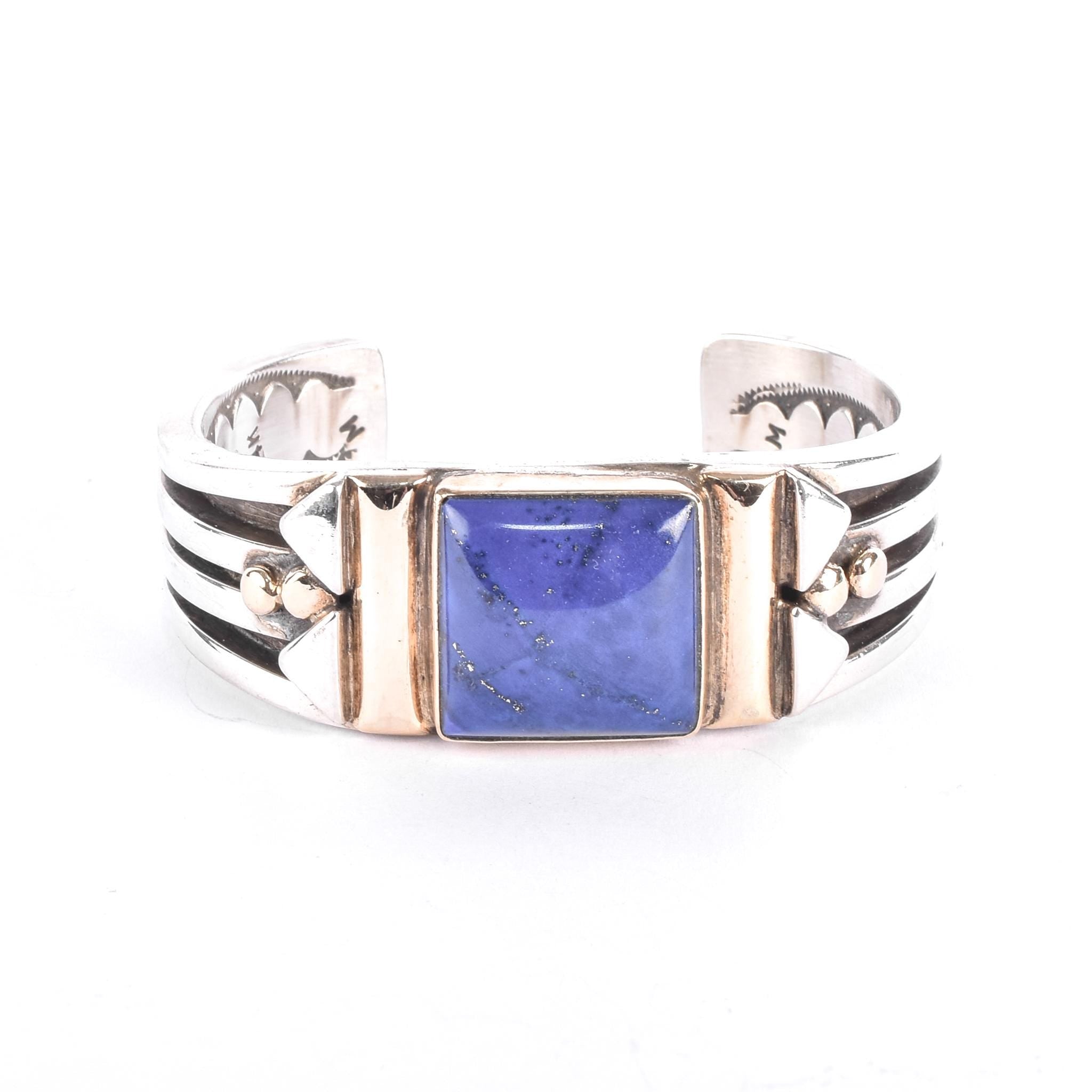 Navajo Orville Tsinnie Sterling Silver & 14K Gold Lapis Lazuli Cuff Bracelet