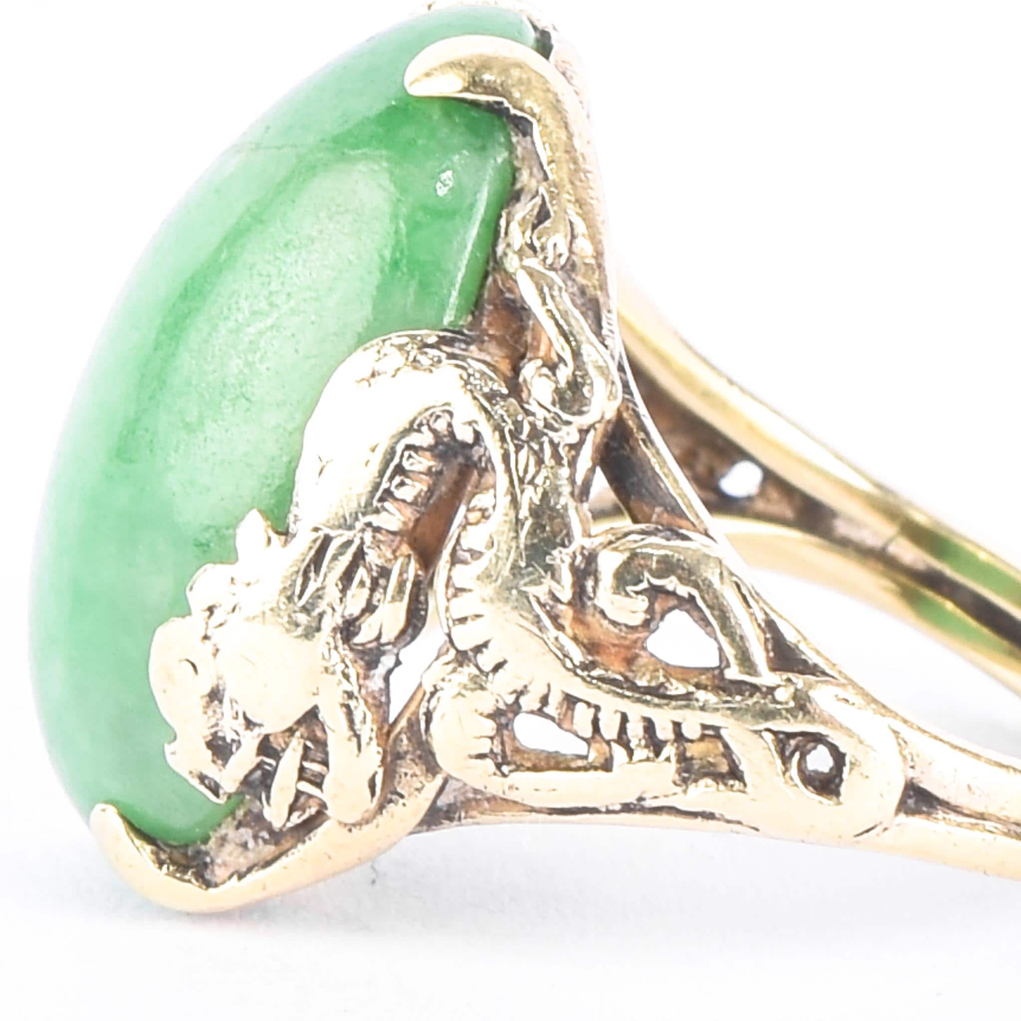 14K Gold Carved Dragon & Jade Cabochon Ring